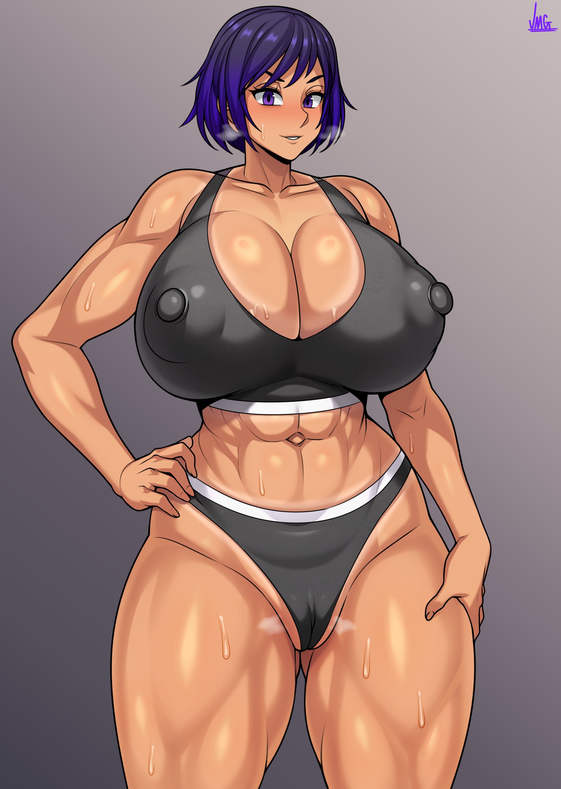 1girls, 2d, 2d (artwork), abs, alternate breast size, bandai namco, big breasts, breasts, busty, cleavage, curvaceous, curvy, curvy body, curvy female, curvy figure, erect nipples, female, female only, hand on hip, huge breasts, jmg, large breasts, muscular, muscular arms, muscular female, nipples, purple eyes, reina mishima, solo, sports bra, tan, tan body, tan skin, tanline, tekken, tekken 8, thick thighs, thighs, toned, toned body, toned female, voluptuous