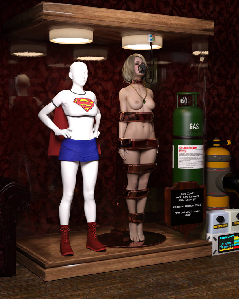 1girls 3d arms_at_sides asleep barefoot blonde_hair bound bound_arms bound_legs bound_neck breasts captured captured_heroine chloroform clothes_removed completely_nude completely_nude_female dc_comics defeated defeated_heroine display display_case drugged english_text eyes_closed feet forniphilia gas_mask helpless helpless_female human_furniture human_trophy immobile indoors kara_zor-el legs_together living_statue living_trophy mannequin midriff name_tag nipples nude nude_female oldmanjaay overhead_light permanent_bondage plaque pussy_obscured sign solo_female stasis_chamber stationary_restraints stripped stripped_naked supergirl superman_(series) suspension suspension_bondage trophy_case unconscious