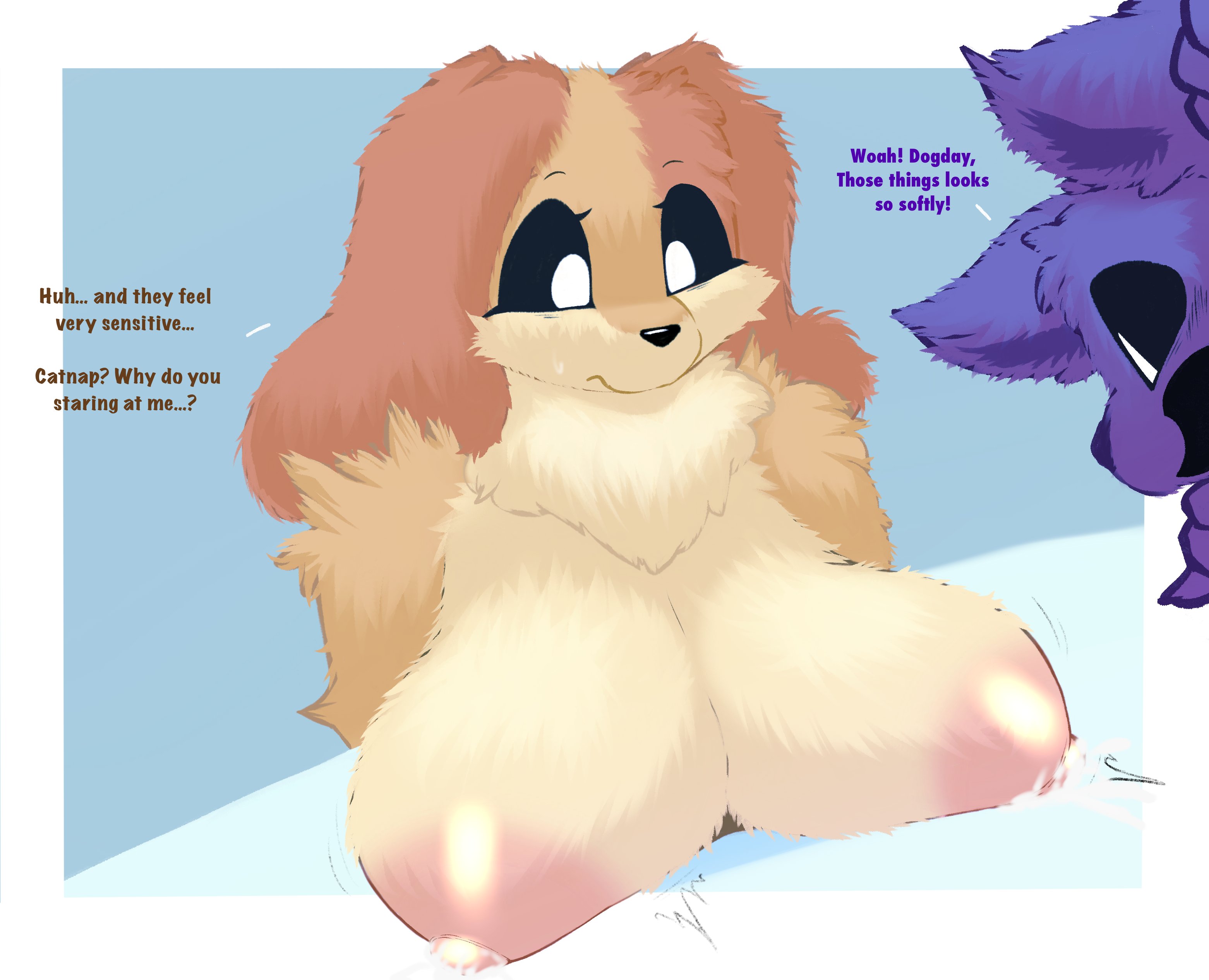 anthro, anthro on anthro, anthro only, areola, big areola, big breasts, big nipples, breasts, canine, cat, cat boy, cat ears, cat tail, catboy, catnap, catnap (poppy playtime), critters (poppy playtime), dialogue, dog, dog ears, dog girl, dog tail, dogday, dogday (poppy playtime), doggy, domestic cat, domestic dog, feline, female, fur, furry, furry only, genderswap, gigantic breasts, huge areola, huge breasts, lactating, lactation, looking at breasts, male, milk, milkteafox, nipples, no artist signature, no humans, orange fur, orange skin, poppy playtime, poppy playtime (chapter 3), purple body, purple fur, purple skin, rule 63, sex, smiling critters, tagme, tail, text