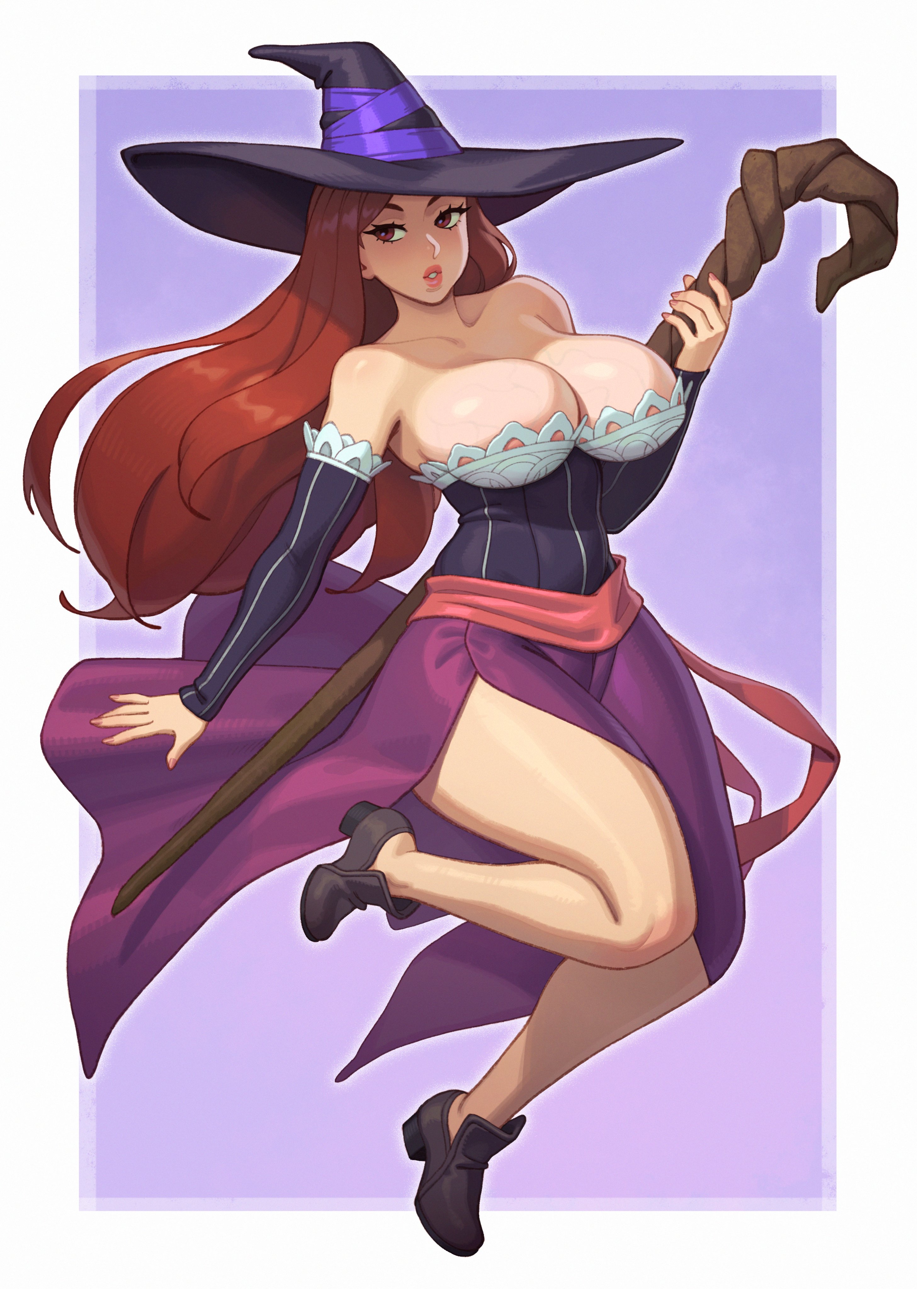 1girls, 2024, big breasts, breasts, brown eyes, cleavage, dragon's crown, female, female focus, female human, female only, hi res, large breasts, light skin, light-skinned female, looking at viewer, red hair, rizdraws, sorceress (dragon's crown), veiny breasts, witch, witch costume, witch hat