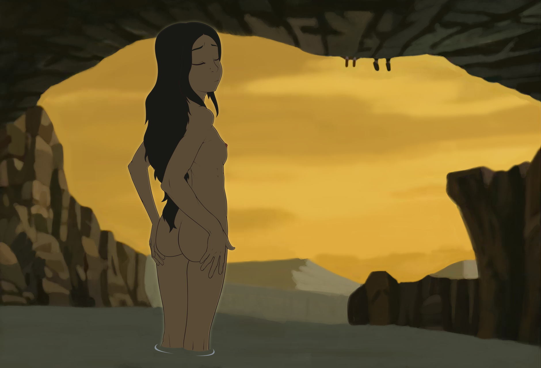 1girls, accurate art style, anaxus, ass, avatar the last airbender, backside, breasts, brown hair, cave, closed eyes, dark skin, dark-skinned female, dark-skinned male, female, flat chest, holding ass, katara, long hair, male, mountain, naked, nickelodeon, nipples, public, sideboob, sitting, solo, standing, water, water tribe