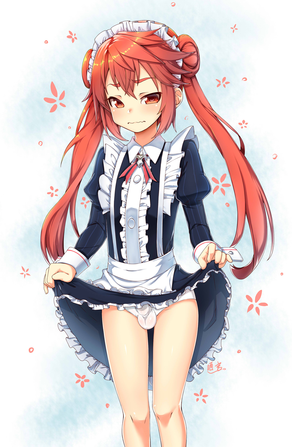 1boy, balls, balls in panties, character request, crossdressing, double bun, elsword, erection, erection under clothes, femboy, girly, hair bun, looking at viewer, loopingwing, maid uniform, male, male only, panties, penis, penis in panties, penis under clothes, presenting, red hair, skirt, solo, trap, upskirt