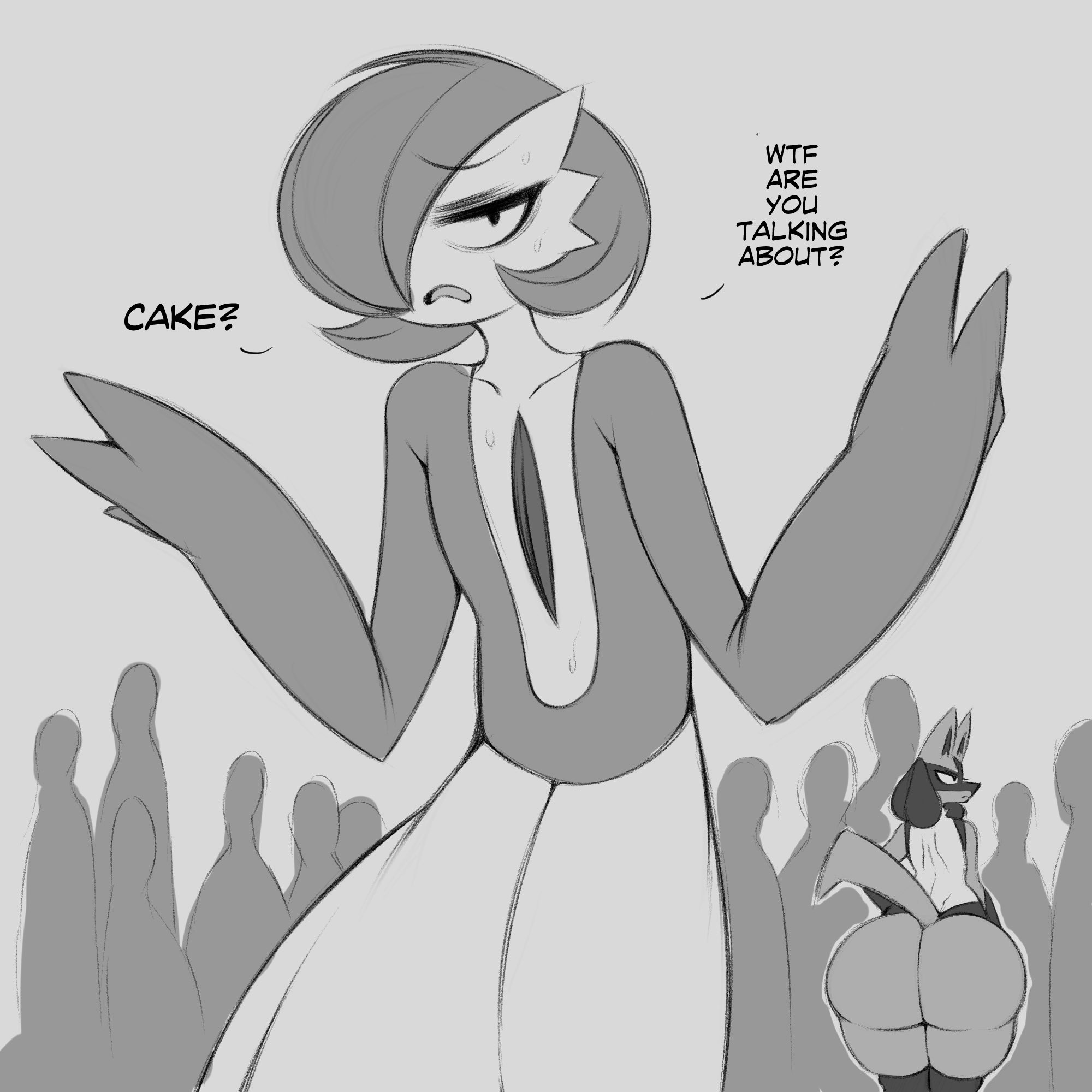 1boy, 1girls, ass, big ass, character in background, dialogue, english text, female, gardevoir, generation 3 pokemon, generation 4 pokemon, grey background, greyscale, hi res, looking at viewer, lucario, male, male gardevoir, nintendo, pokemon, pokemon (species), saltyxodium, talking to viewer
