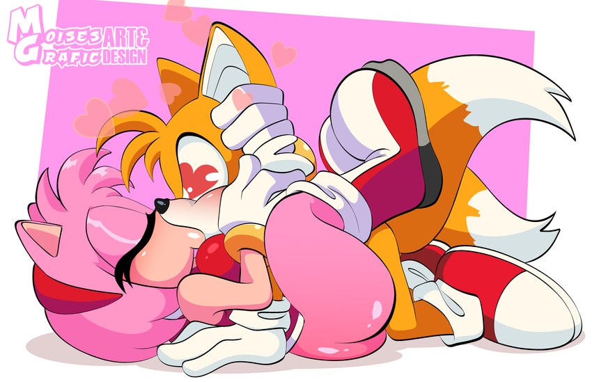 amy rose, anthro, bottomless, breasts, exposed torso, female, footwear, handwear, kissing, male, miles prower, moisesgrafic, sega, sonic (series), tails, tails the fox, younger male