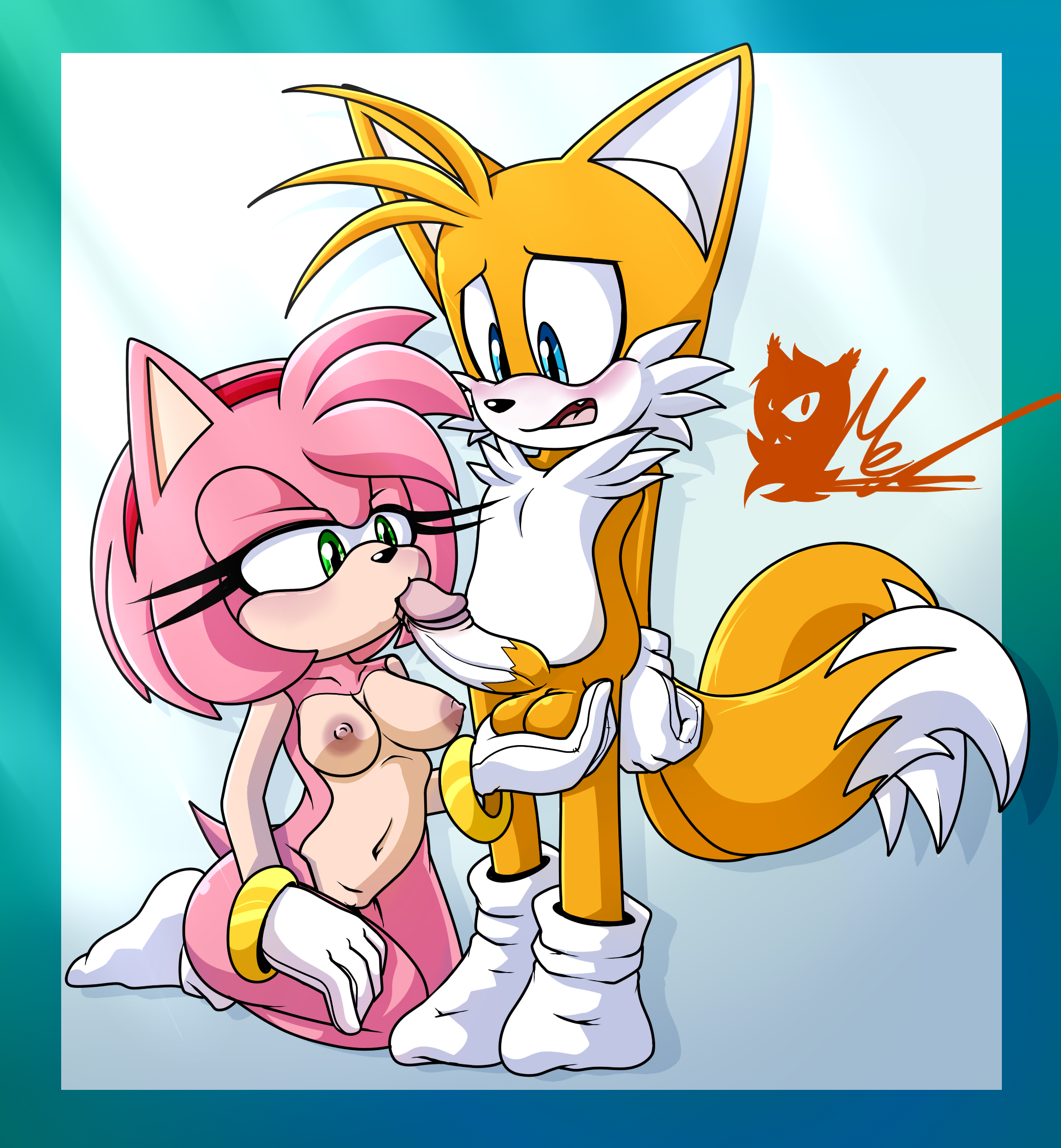 age difference, amy rose, anthro, balls, bedroom eyes, blue eyes, canid, canine, clothed, clothing, duo, eulipotyphlan, fellatio, female, fox, fur, genitals, green eyes, hedgehog, hi res, holding balls, kissing, kneeling, male, male/female, mammal, meyk, narrowed eyes, nervous, oral, orange body, orange fur, partially clothed, penile, penis, penis kissing, pink body, pink fur, seductive, sega, sex, sonic (series), sonic the hedgehog (series), tails, tails the fox, worried, younger male