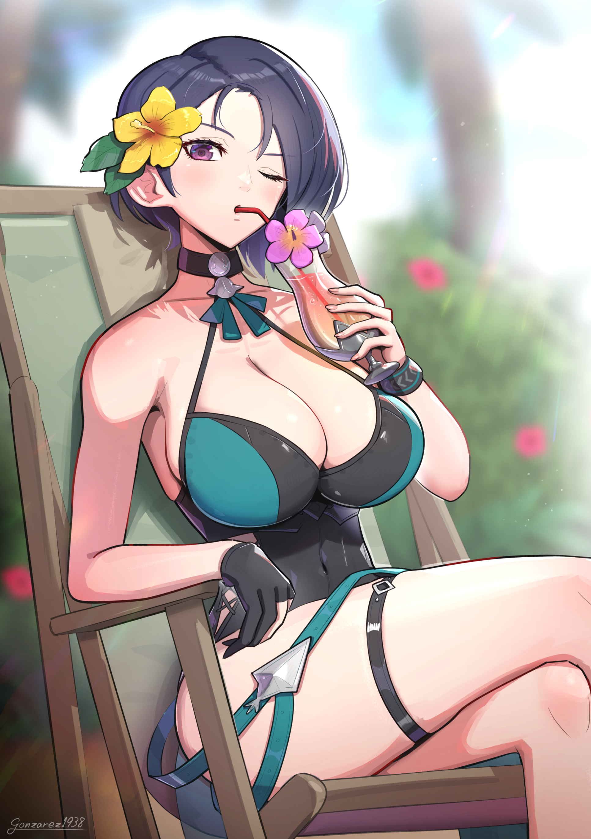 1girls, absurdres, alternate costume, athletic, athletic female, bare shoulders, beach chair, big breasts, black choker, black gloves, black hair, black one-piece swimsuit, black swimsuit, breasts, casual one-piece swimsuit, choker, cocktail glass, commentary, crossed legs, cup, drinking, drinking glass, drinking straw, female, female only, fire emblem, fire emblem heroes, fire emblem: three houses, flower, gloves, gonzarez, goth, goth girl, gothic, green one-piece swimsuit, hair flower, hair ornament, halterneck, hibiscus, highres, holding, holding cup, large breasts, looking at viewer, nintendo, official alternate costume, one eye closed, one-piece swimsuit, partially fingerless gloves, purple eyes, revision, shamir nevrand, shamir nevrand (summer), short hair, single glove, sitting, solo, swimsuit, thigh strap, tropical drink, two-tone swimsuit, yellow flower