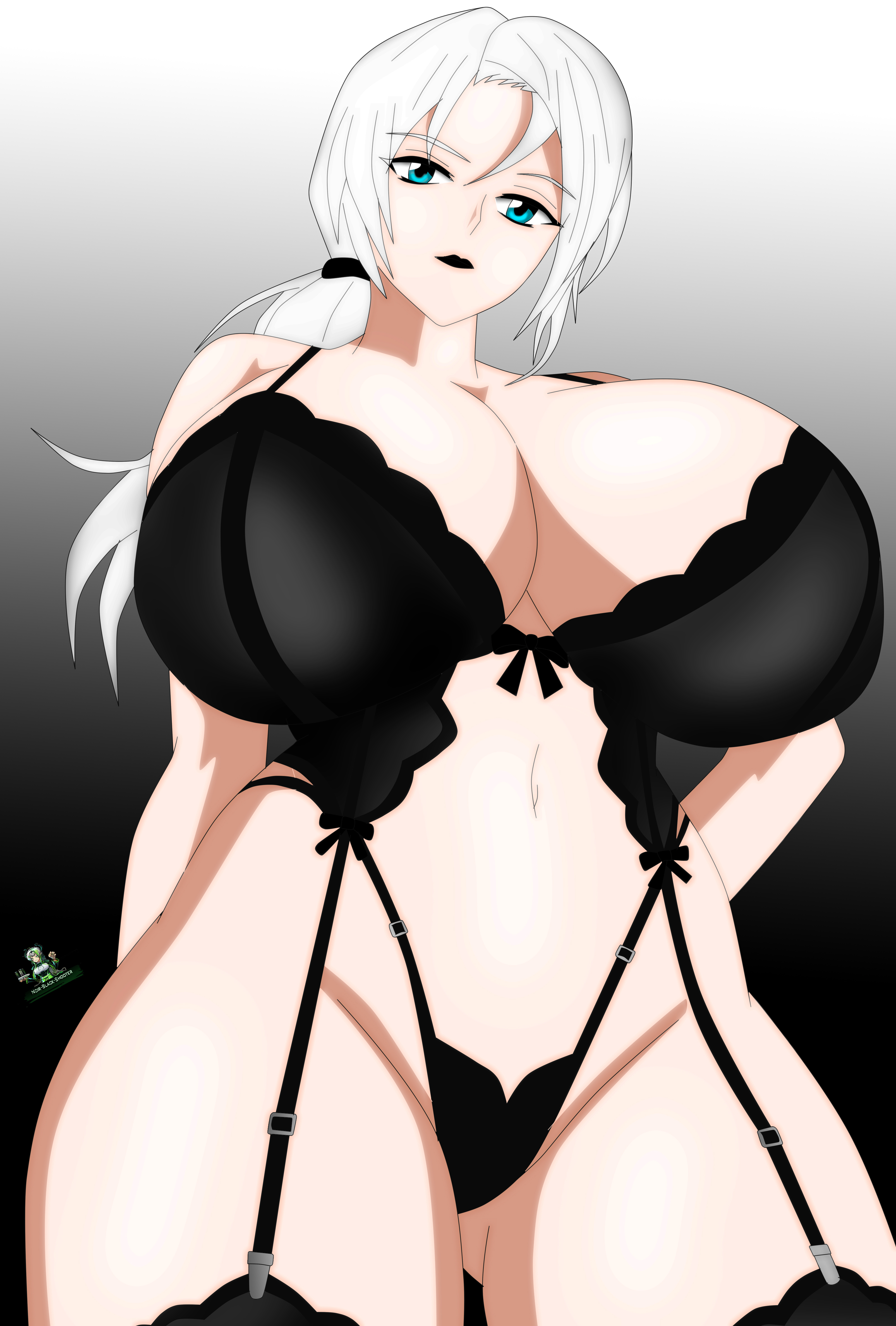 akinama family (noir-black-shooter), big breasts, black lingerie, blue eyes, breasts, female, gigantic breasts, gilf, grey hair, huge breasts, lingerie, matriarch raiko kashiwasaki (noir-black-shooter), milf, noir-black-shooter, oc, original, original character, raiko kashiwasaki (noir-black-shooter), silver hair