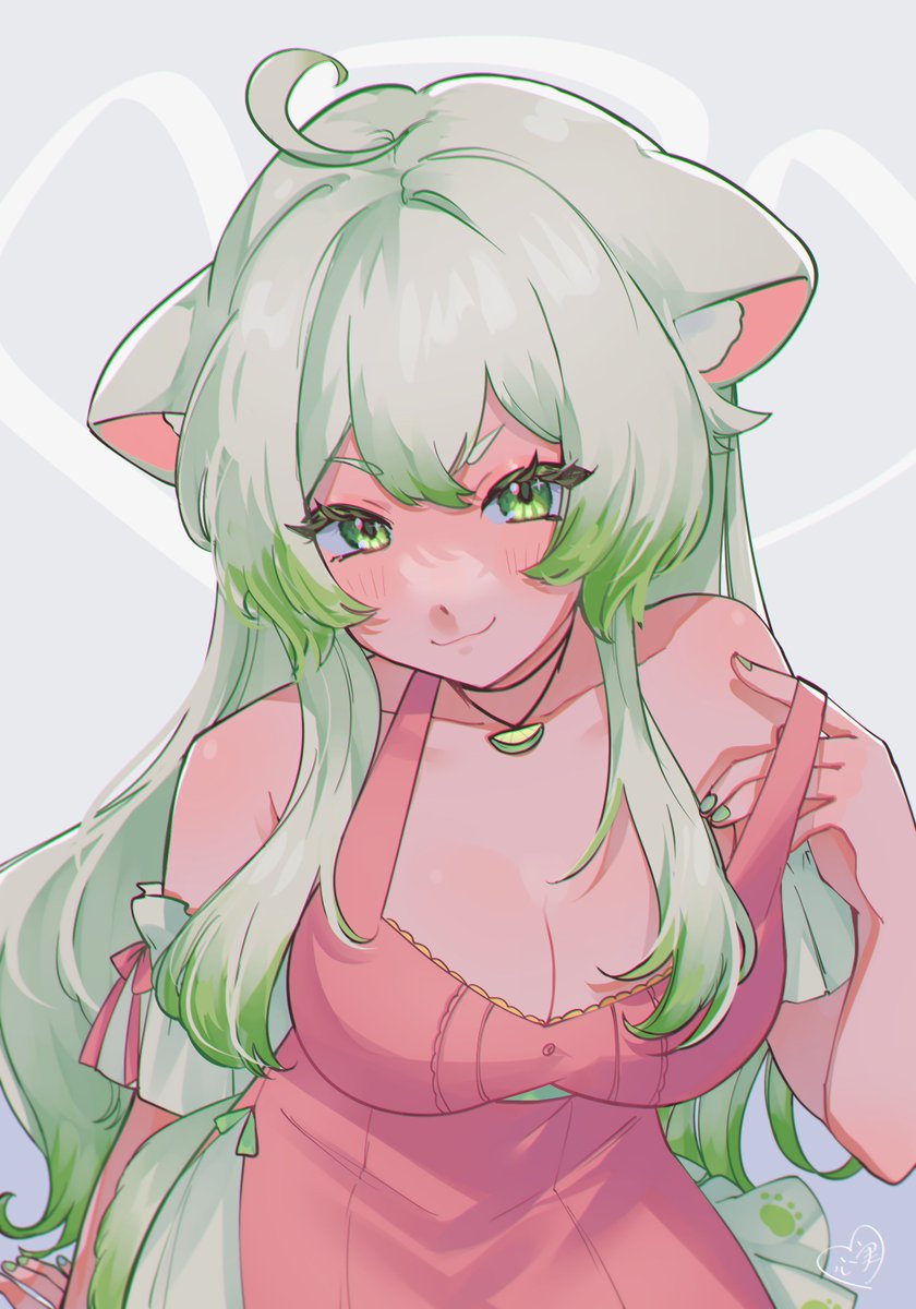 1girls animal_ears breasts female ferret ferret_girl green_eyes green_highlights indie_virtual_youtuber k0k0midess laimu lime long_hair looking_at_viewer multicolored_hair smirk solo virtual_youtuber vtuber white_hair