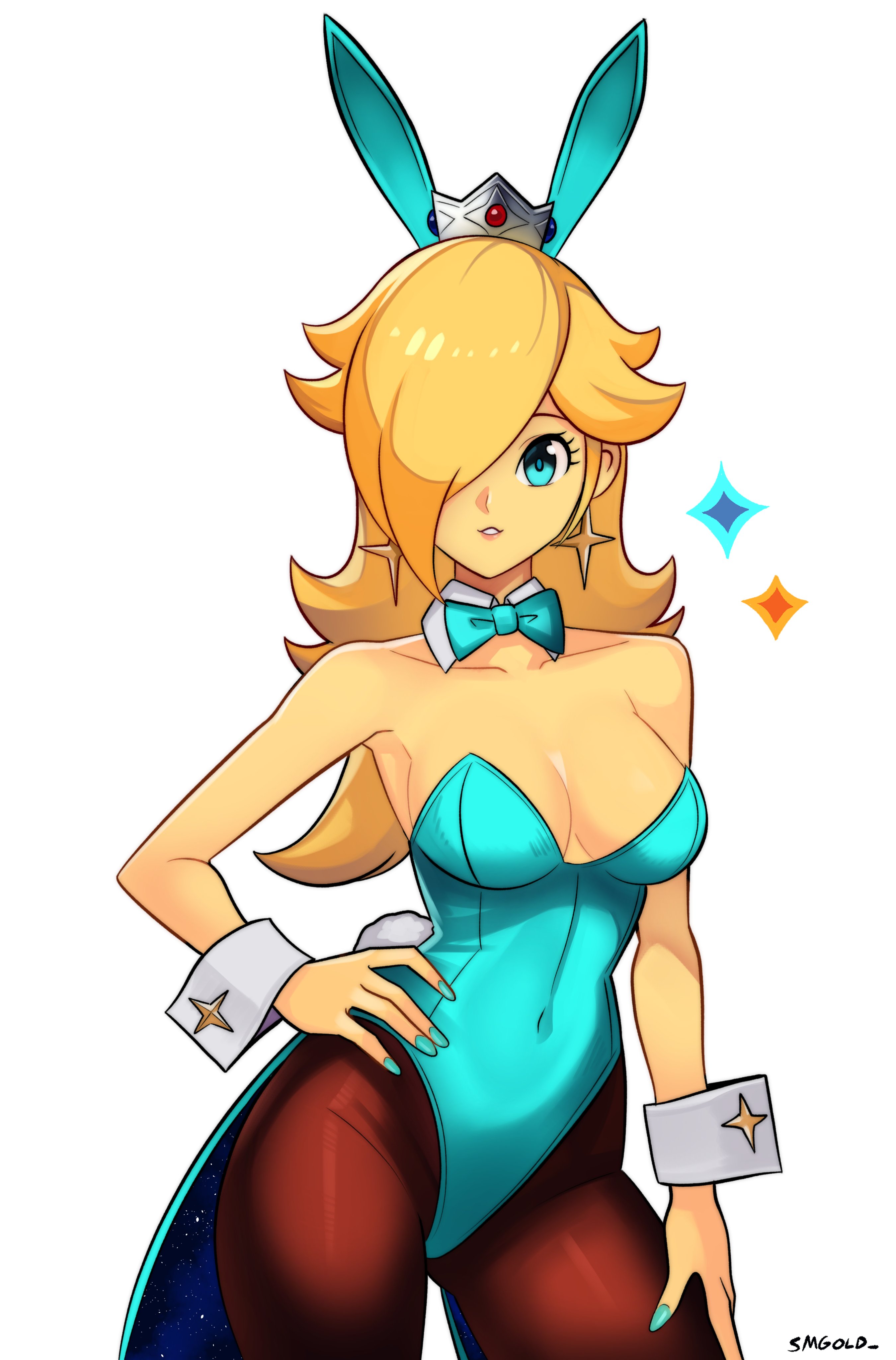 1girls, black legwear, blonde hair, blue eyes, blue fingernails, bowtie, breasts, bunny ears, bunny girl, bunnysuit, busty, cleavage, clothing, crown, earrings, female, hair over one eye, light skin, light-skinned female, long hair, mario (series), nintendo, painted nails, princess rosalina, smgold, spread legs, white background, wide hips