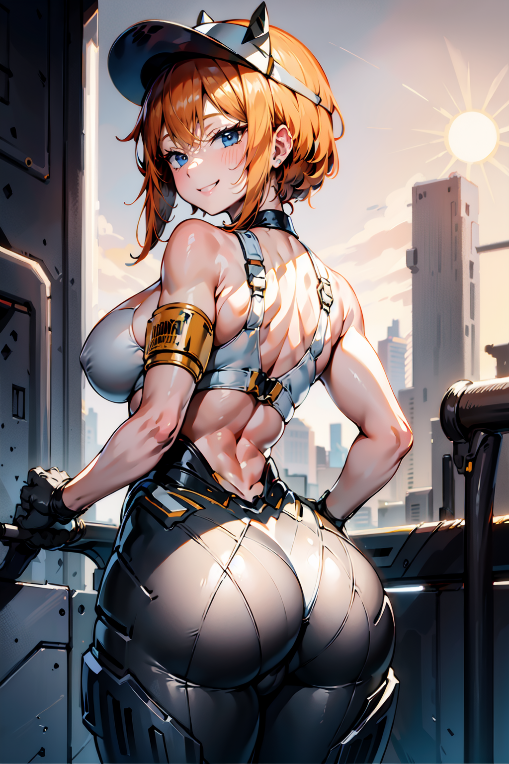 ai_generated ass ass_focus bare_shoulders blue_eyes blush bodysuit breasts female from_behind gloves goddess_of_victory:_nikke grin huge_ass large_breasts looking_at_viewer looking_back maxwell_(nikke) orange_hair shiny shiny_clothes shiny_hair shiny_skin short_hair_with_long_locks sideboob smile solo thick_thighs visor_cap