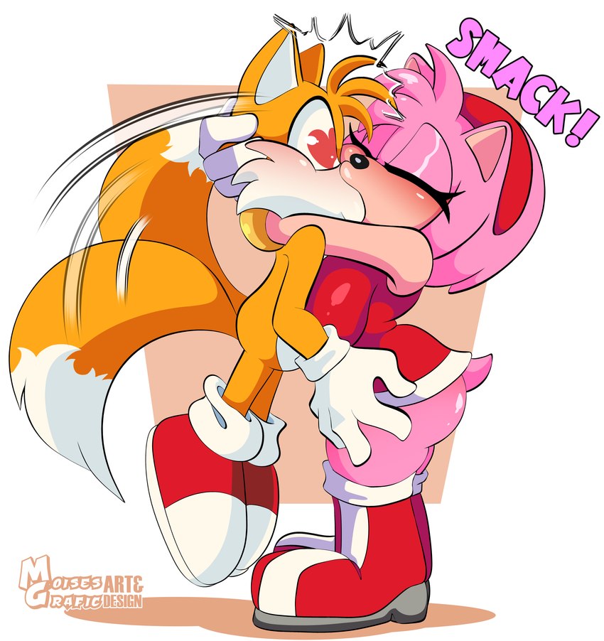 amy rose, anthro, bigger female, breasts, exposed torso, female, footwear, handwear, kissing, larger female, male, miles prower, miles tails prower, moisesgrafic, size difference, smaller male, smaller male larger female, sonic (series), tail, tails, tails the fox, tall female, taller female, taller girl, women, younger male