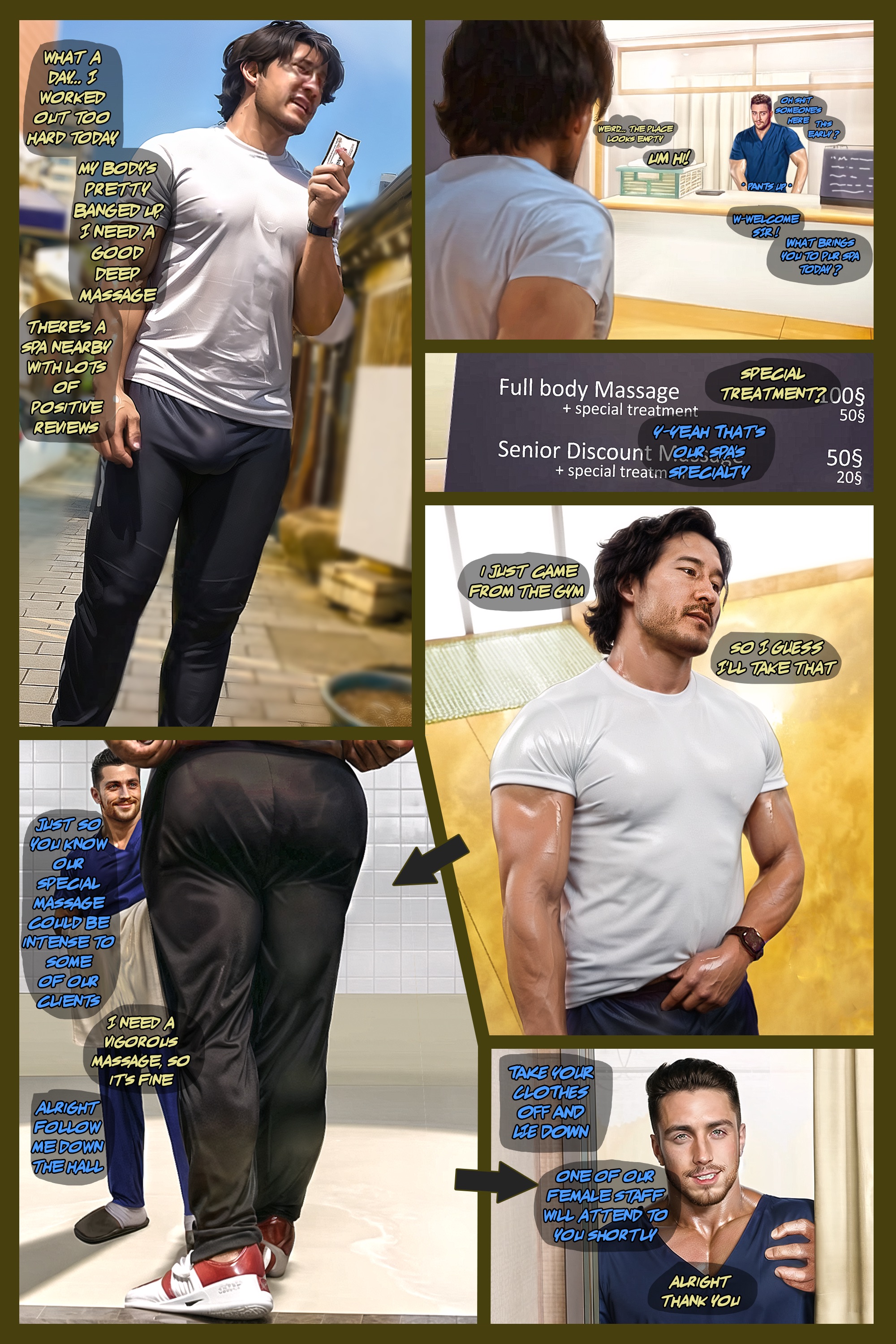 ass, biceps, big ass, bulge, bulge through clothing, clothed male, clothing, comic, comic page, dark hair, duo, human, human only, light skin, light-skinned male, male, male only, markiplier, muscles, muscular, muscular male, nassfakes, nipples, pecs, speech, tagme, text, veiny muscles