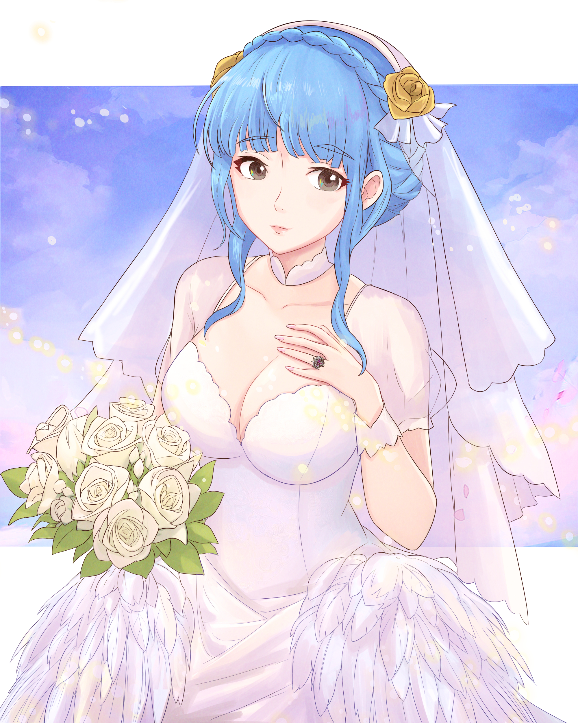 1girls, absurdres, alternate costume, blue hair, bouquet, braid, breasts, bridal veil, bride, brown eyes, busty, choker, cleavage, commission, crown braid, dress, english commentary, feathers, female, female only, fire emblem, fire emblem: three houses, flower, highres, holding, holding bouquet, jewelry, large breasts, light skin, light-skinned female, marianne von edmund, nintendo, ring, solo, truejekart, veil, wedding dress, wedding ring