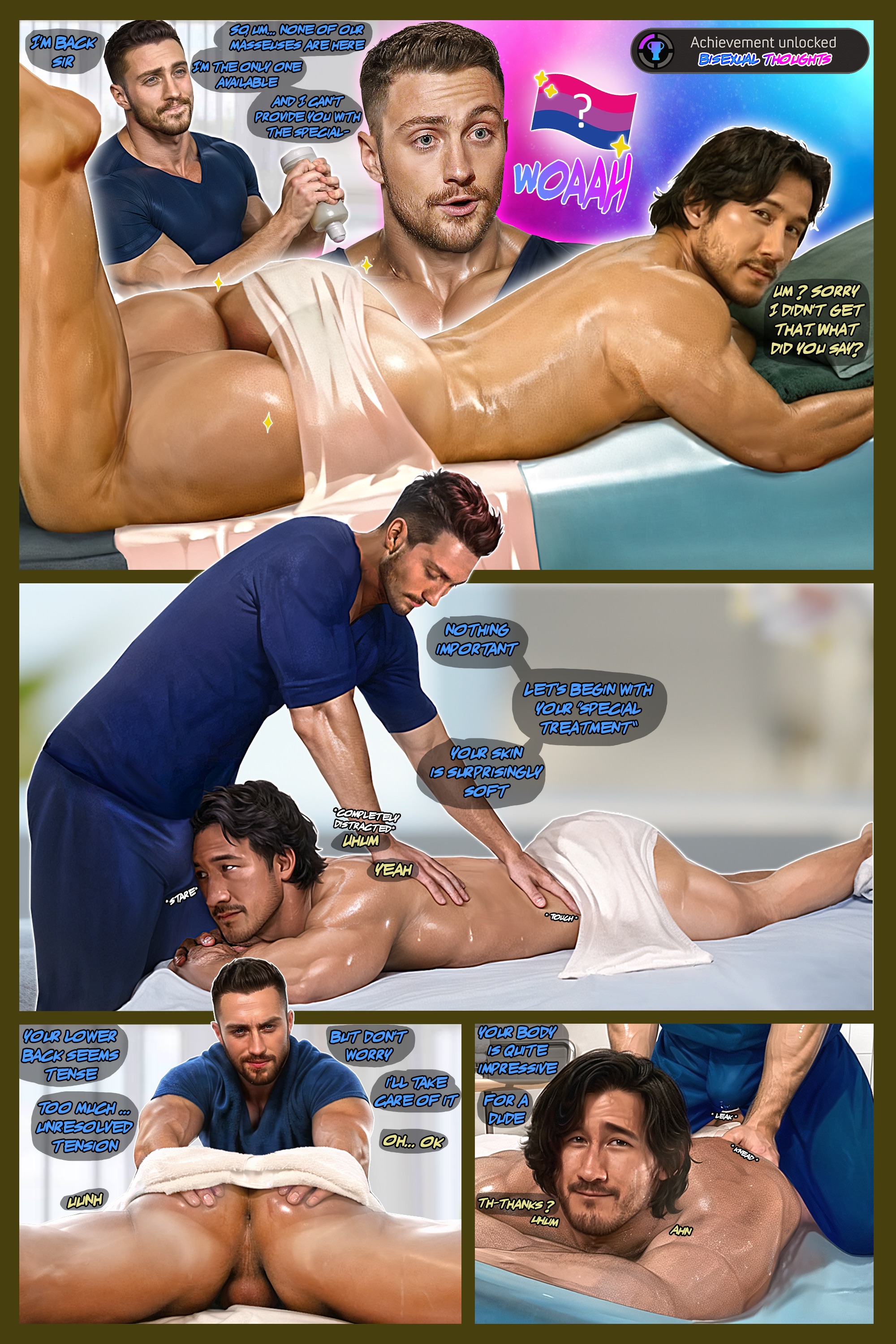 achievement unlocked, ass, biceps, big ass, bisexual male, bulge, bulge through clothing, clothed male, clothing, comic, comic page, dark hair, duo, human, human only, light skin, light-skinned male, male, markiplier, massage, muscles, muscular, muscular male, nassfakes, nipples, pecs, reference, speech, text, veiny muscles