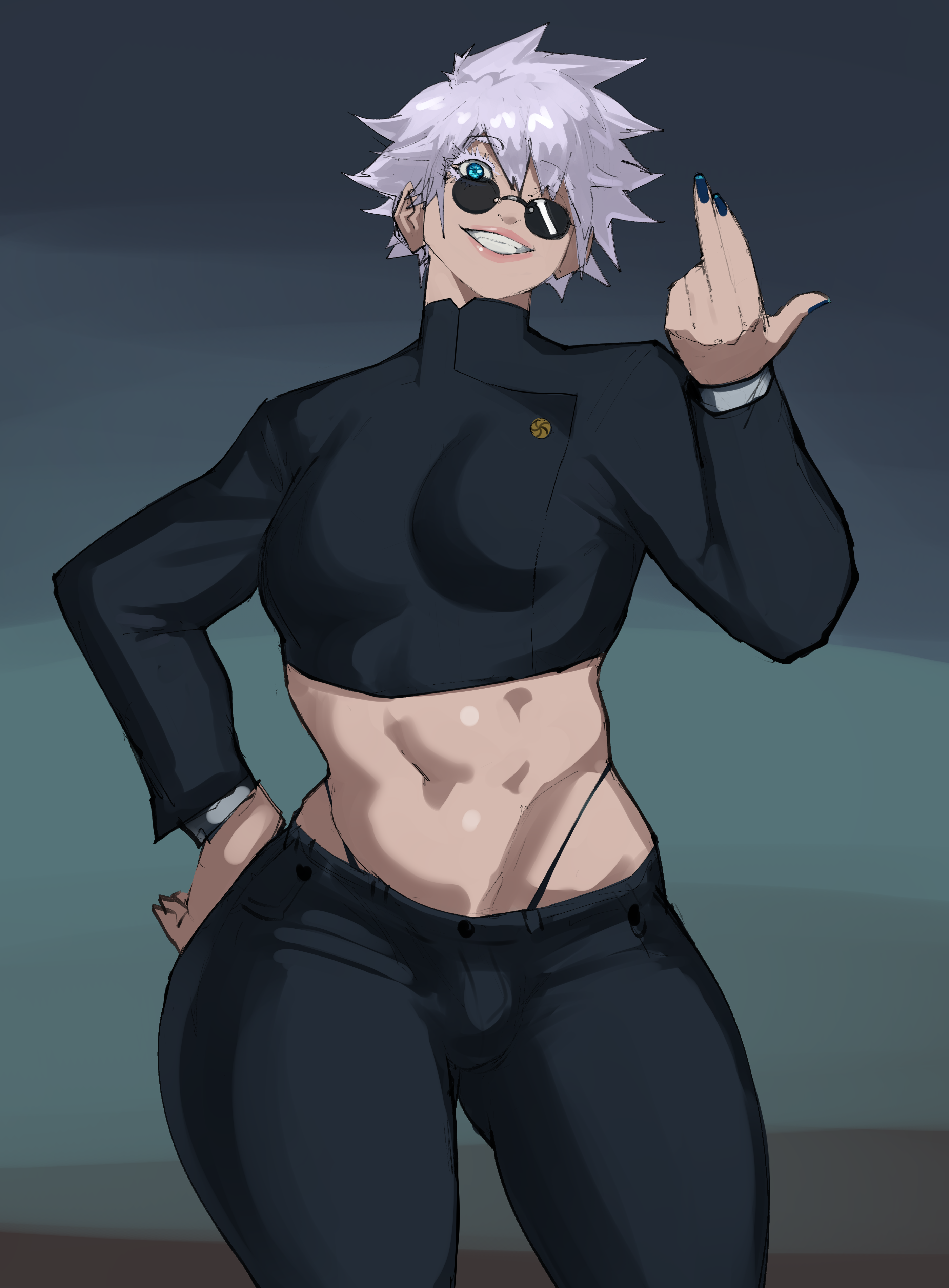 1boy, abs, axred7, big breasts, black nails, blue eyes, breasts, bulge, curvy, femboy, glasses, grin, highleg, jujutsu kaisen, lipstick, male, male only, no text version, rule 63, satoru gojo, short hair, smile, solo, thong, thong straps, white hair