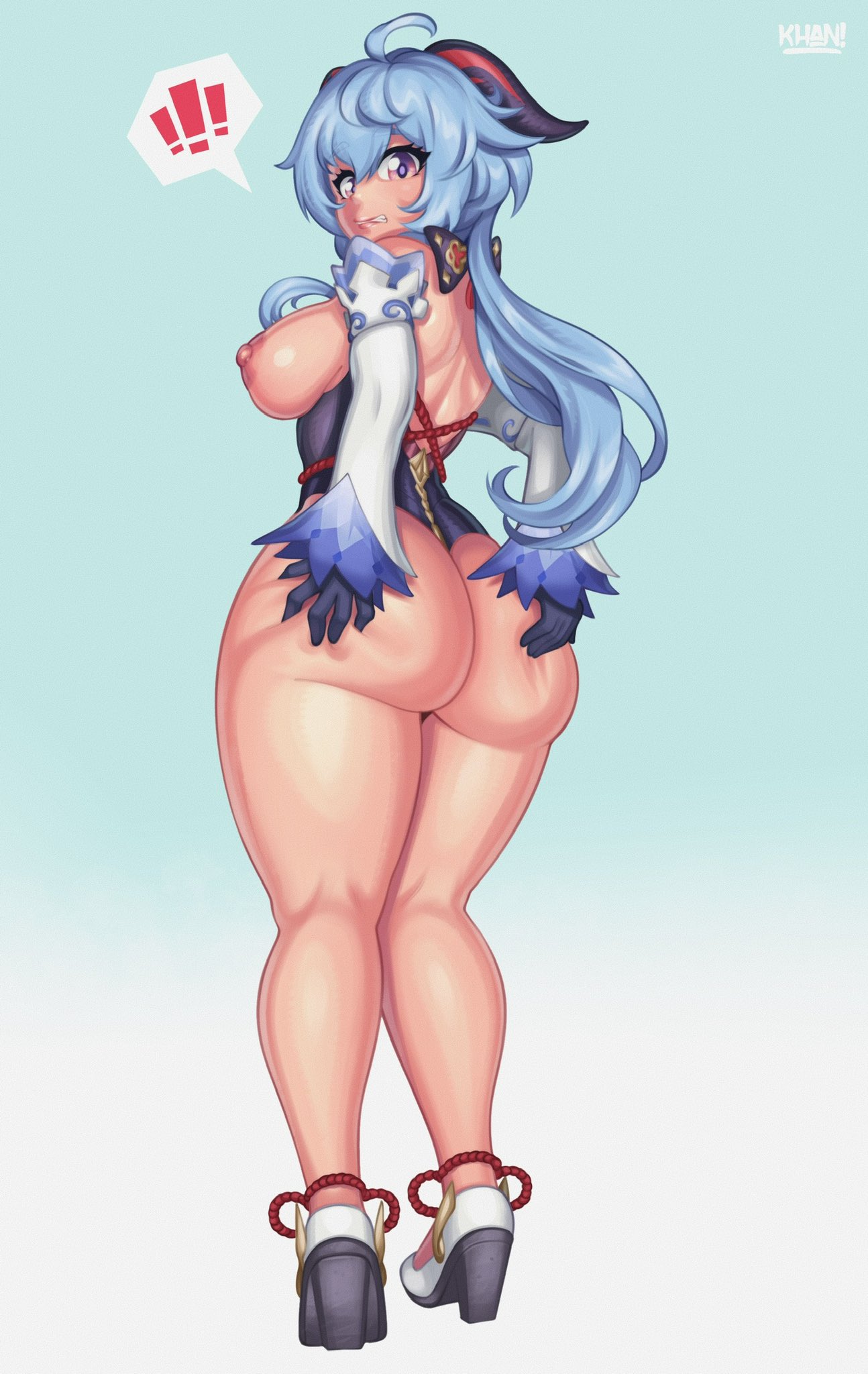 1girls, ass, ass focus, back, back view, big ass, big breasts, big butt, blue hair, breasts, color, female, female focus, female only, flatillustratorkhan, ganyu (genshin impact), genshin impact, goat horns, hand on ass, hand on butt, hi res, howardk, howardk1999, khan!, large breasts, light skin, light-skinned female, long hair, pink eyes, solo, solo female, thick thighs