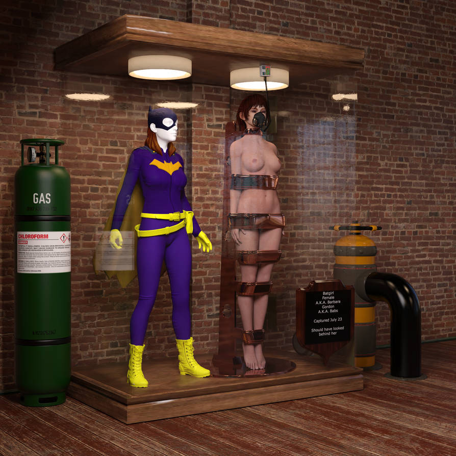 1girls 3d arms_at_sides asleep barbara_gordon barefoot batgirl batman_(series) bound bound_arms bound_legs bound_neck breasts brick_wall captured captured_heroine chloroform clothes_removed completely_nude completely_nude_female dc dc_comics defeated defeated_heroine display display_case drugged eyes_closed feet forniphilia gas_mask helpless helpless_female human_furniture human_trophy immobile indoors legs_together living_statue living_trophy mannequin midriff name_tag nipples nude nude_female oldmanjaay overhead_light permanent_bondage plaque pussy_obscured sign solo_female stasis_chamber stationary_restraints stripped stripped_naked suspension suspension_bondage trophy_case unconscious