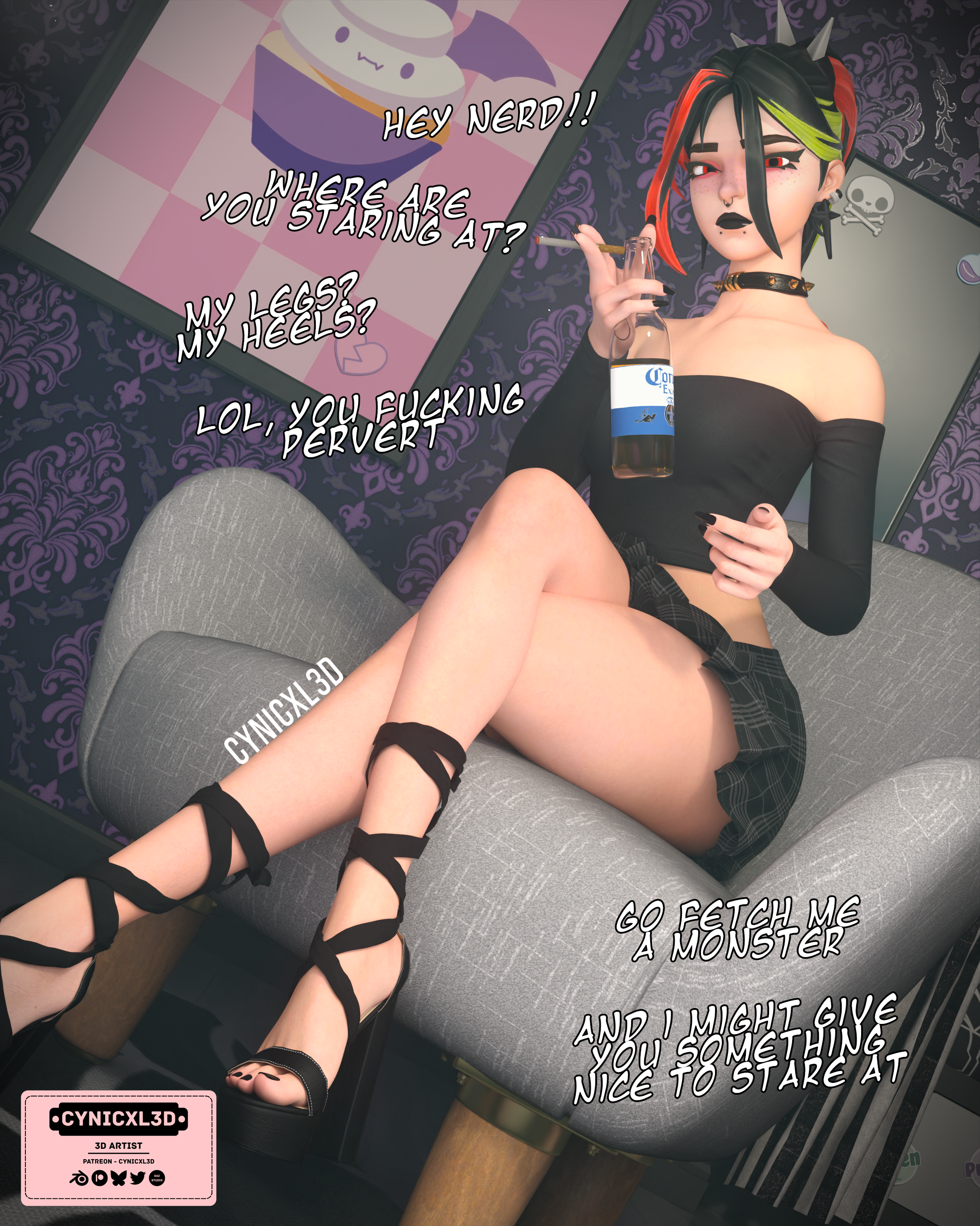 alcohol, beer, black clothing, black hair, black high heels, black lipstick, black nails, black skirt, black toenails, colored hair, cynicxl3d, drinking beer, femdom, fortnite, fortnite: battle royale, goth, goth girl, helsie (fortnite), high heels, humiliating, long nails, nose piercing, painted nails, painted toenails, piercing, piercings, platform heels, red eyes, short skirt, sitting, sitting on chair, skirt, smoking, smoking cigarette, talking to viewer, tied hair, white skin