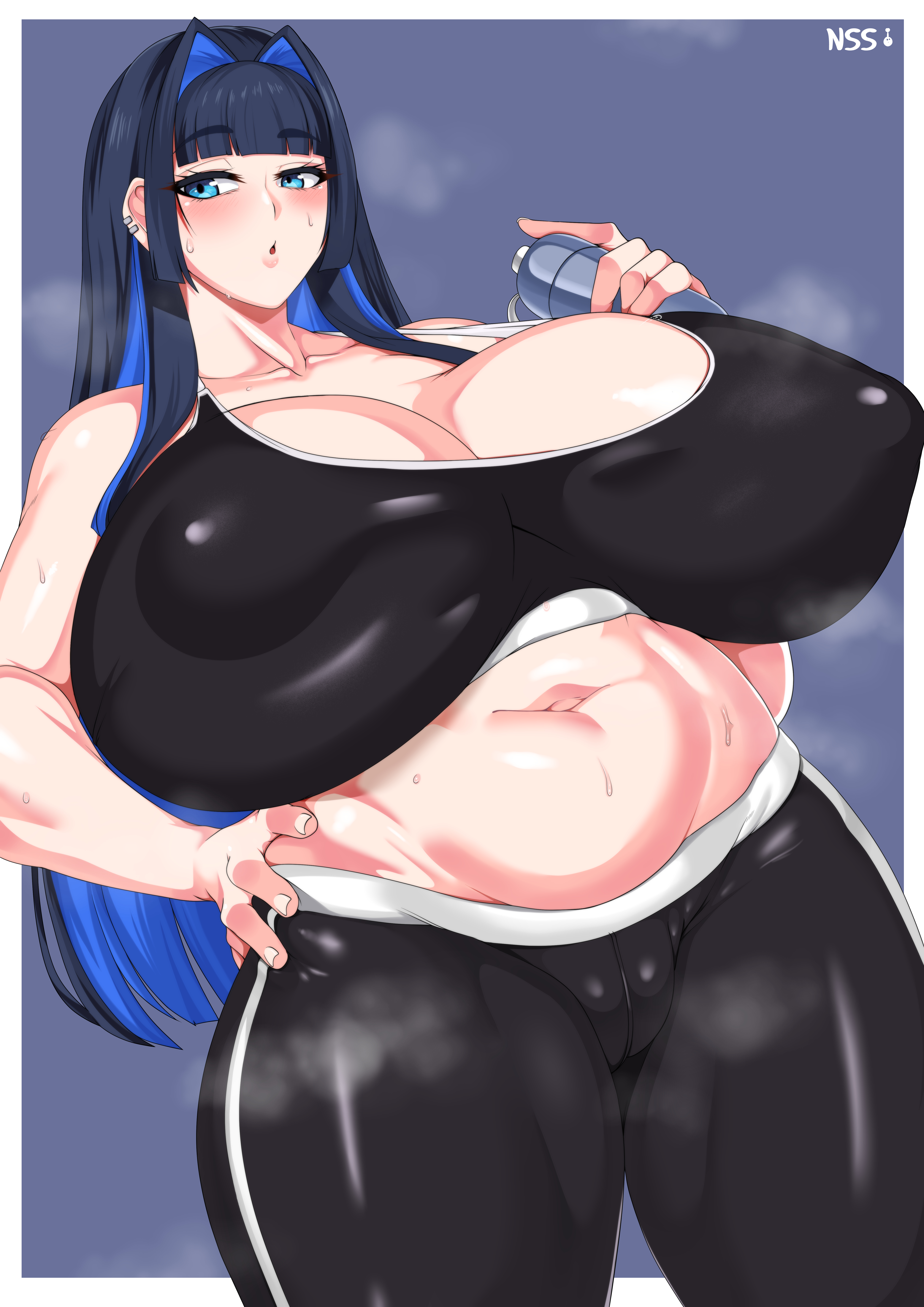 absurd res, black hair, blue eyes, blue hair, blunt bangs, blush, breasts, curvy, ear piercing, female, giant breasts, gigantic breasts, hair intakes, hand on hip, hololive, hololive english, hololive english -council-, hololive english -promise-, huge breasts, large areolae, long hair, looking at viewer, navel, nonsense (artist), ouro kronii, parted lips, plump, sidelocks, sportswear, steam, thick thighs, two-tone hair, venus body, virtual youtuber, voluptuous, water bottle, wirberlwind