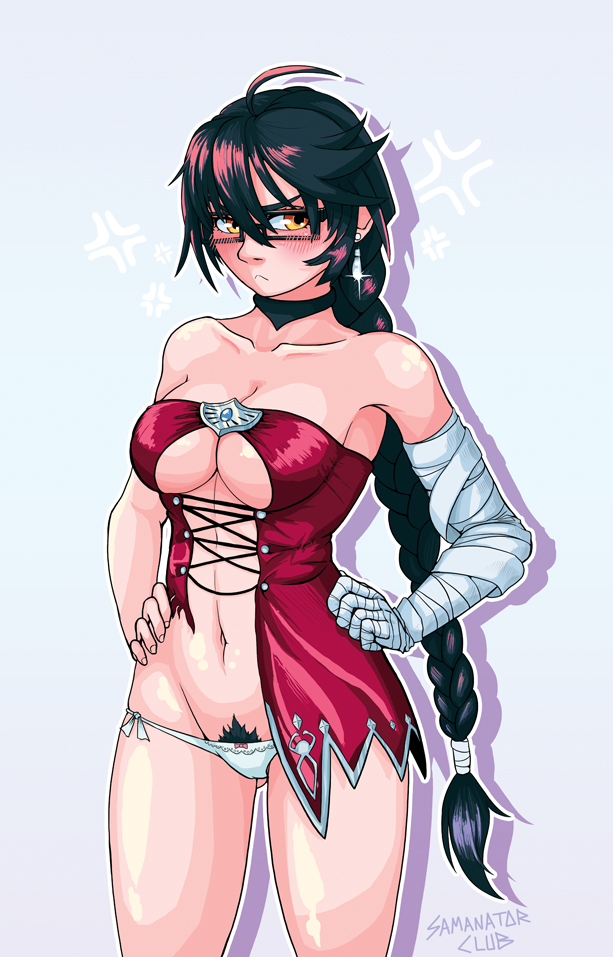 1girls, bandaged arm, bandages, bangs, bare shoulders, black hair, bow, bow panties, braid, breasts, brown eyes, cleavage, dress, earrings, female, frown, glasses, hands on hips, long hair, navel, no bra, panties, pubic hair, pubic hair peek, samanator club, side-tie panties, simple background, single braid, solo, standing, tales of (series), tales of berseria, torn clothes, underwear, velvet crowe, very long hair, white background, white panties, yellow eyes