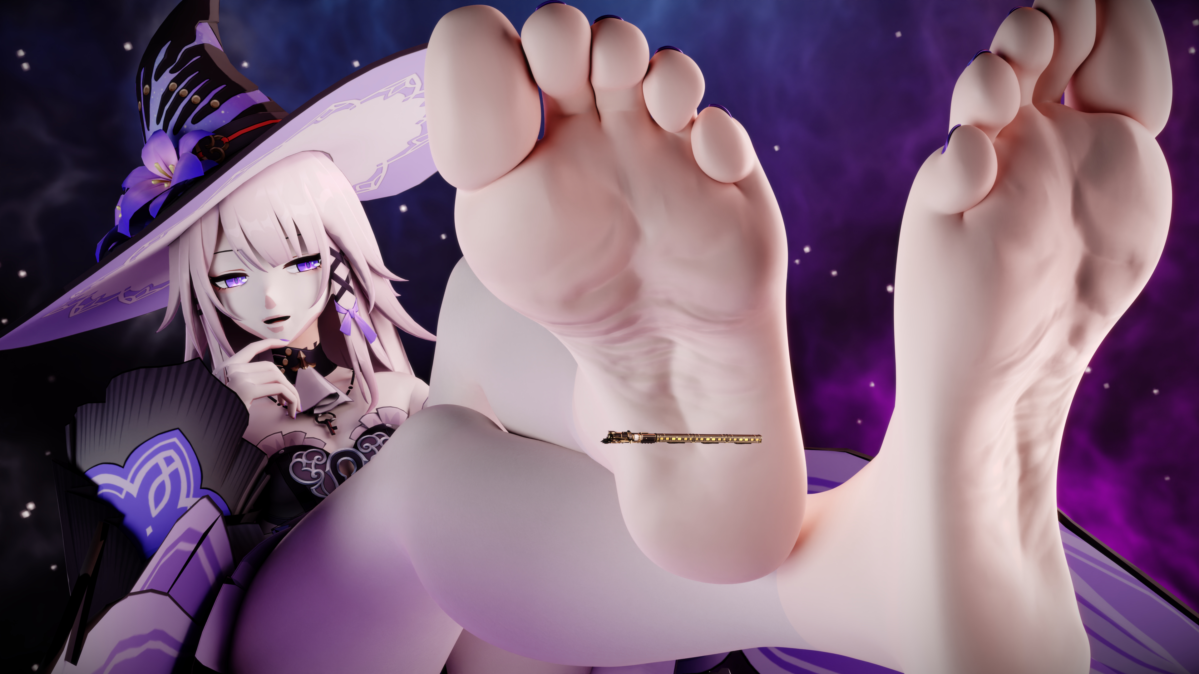 brown hair, feet, female, flower, flower in hat, foot fetish, giantess, hair ribbon, herta (honkai: star rail), highres, honkai: star rail, kingklon, light-skinned female, necklace, purple eyes, purple ribbon, space, the herta (honkai: star rail), train, witch hat
