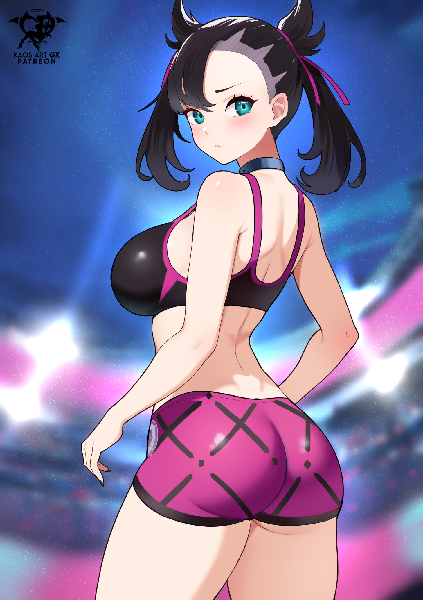 1girls, alternate breast size, ass, black hair, breasts, bubble ass, bubble butt, choker, dark hair, female, game freak, green eyes, kaos art, large ass, large breasts, light skin, light-skinned female, long hair, marnie (pokemon), medium hair, nintendo, pale skin, pokemon, pokemon ss, solo, straight hair, twintails