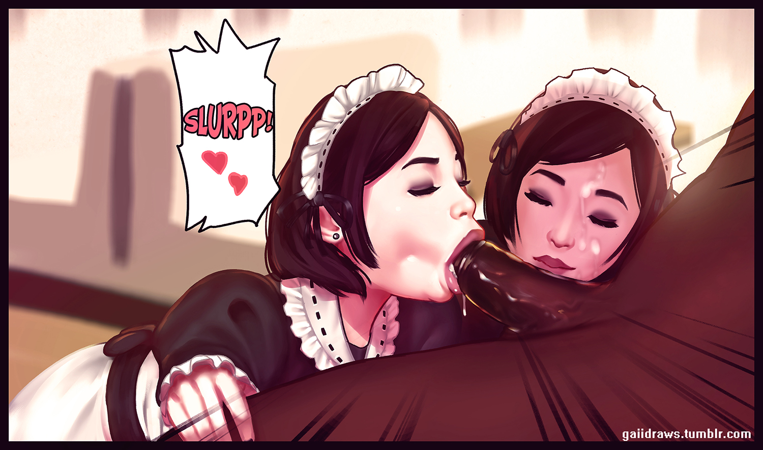 2girls, big penis, collaborative fellatio, dark skin, dark-skinned male, double fellatio, fellatio, female, gaiidraws, interracial, maid, maid headdress, maid uniform, male, multiple fellatio, oral, oral sex, penis, teamwork
