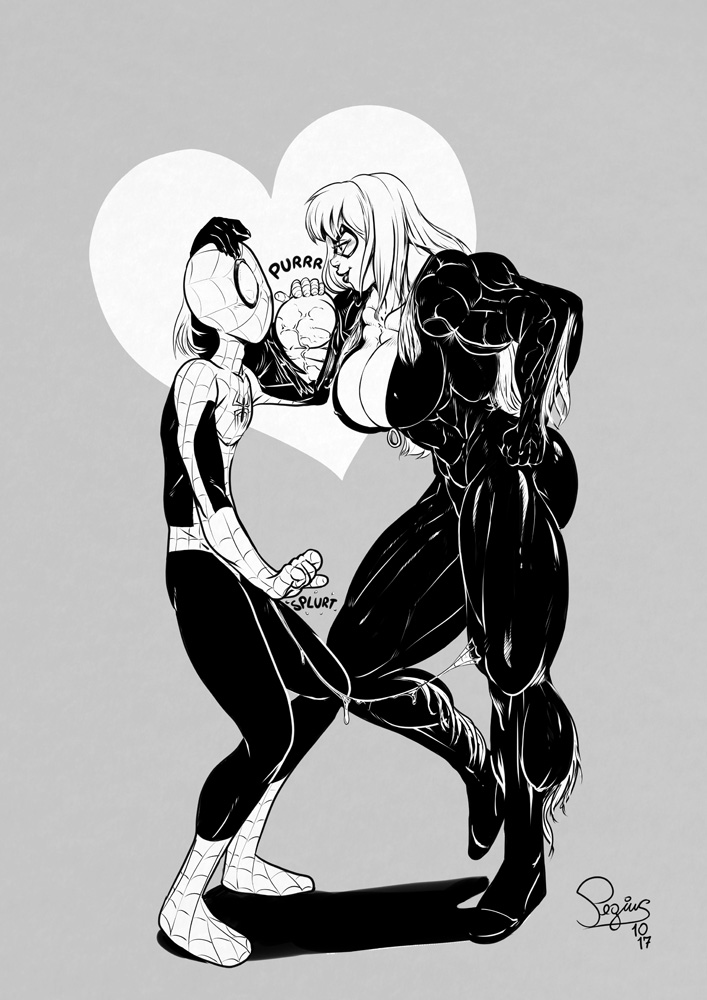 2017 abs biceps big_muscles black_cat_(marvel) breasts cleavage duo extreme_muscles felicia_hardy female flexing heart human large_breasts larger_female male marvel marvel_comics mask monochrome muscles muscular muscular_female pegius peter_parker size_difference smaller_male spider-man spider-man_(series) straight straight_hair veins
