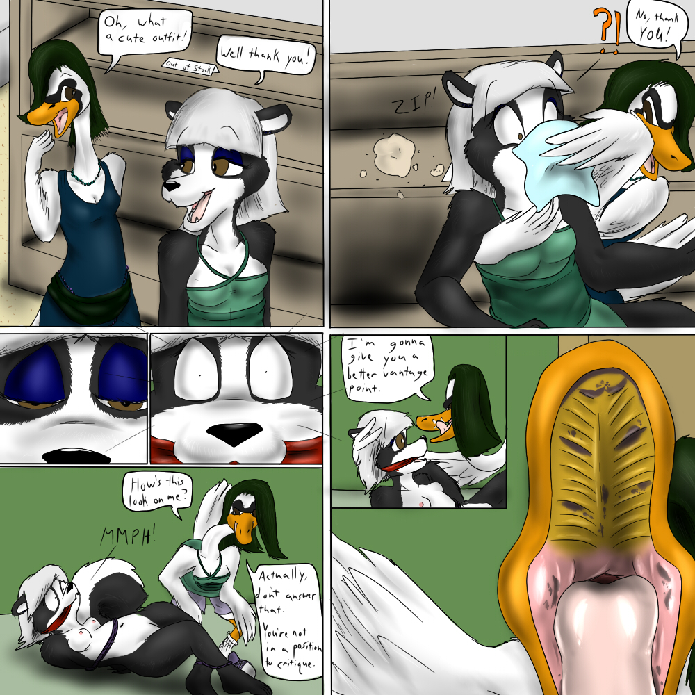 anthro avian beak beth_weishar bird bondage bound chloroform clothed clothing comic drugged feathered_wings feathers female leslie_dipietro mammal mouth_shot nude open_mouth samanthaweltzin skunk swan unconscious vore wings