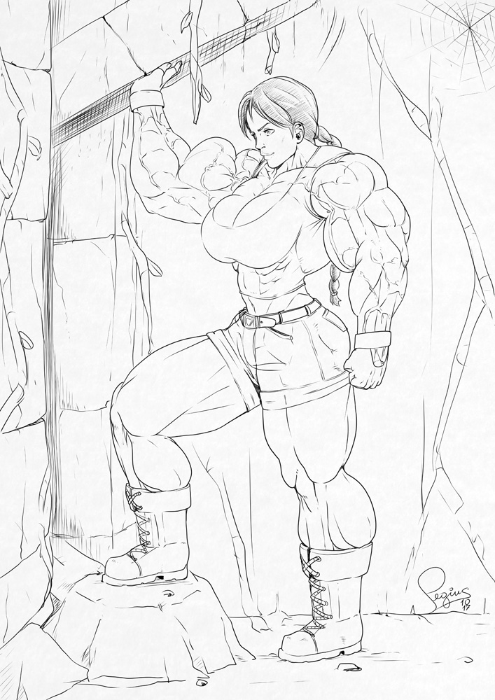abs belt biceps big_muscles boots braid breasts cleavage extreme_muscles female female_only fingerless_gloves gloves lara_croft lara_croft_(classic) large_breasts monochrome muscles muscular muscular_female pegius shorts solo tomb_raider veins