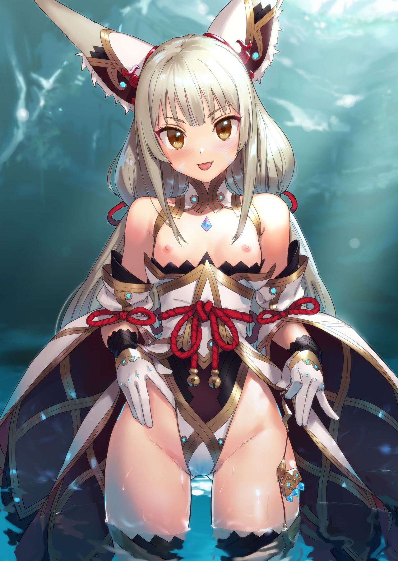 amber eyes, breasts, cat ears, female, kawakami rokkaku, nia, nia (blade), nia (xenoblade), small breasts, solo, tagme, white hair, xenoblade (series), xenoblade chronicles 2