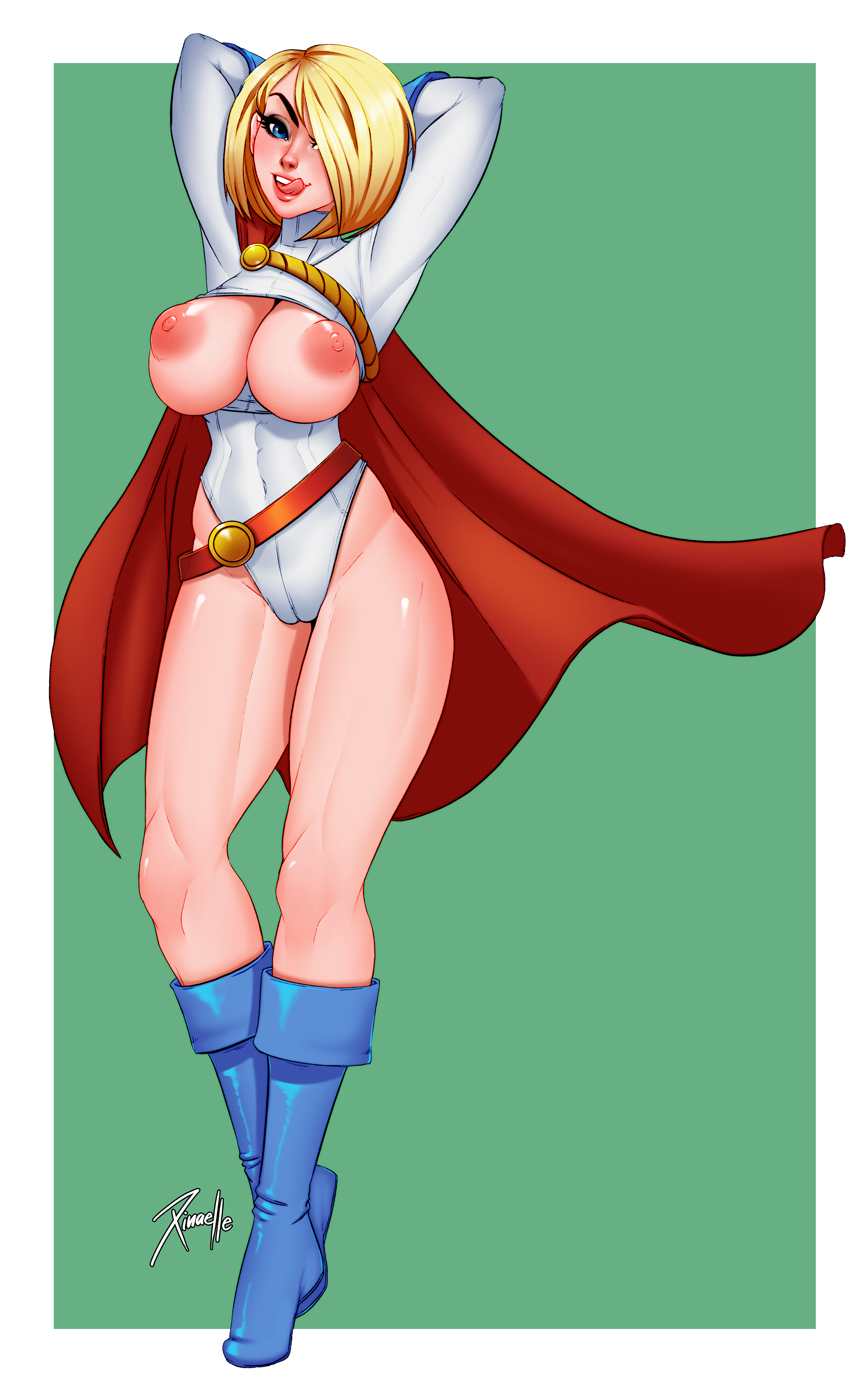 2017, absurdres, areolae, big breasts, breasts, dc, dc comics, female, female only, highres, large breasts, lipstick, looking at viewer, nipples, power girl, solo, superman (series), xinaelle