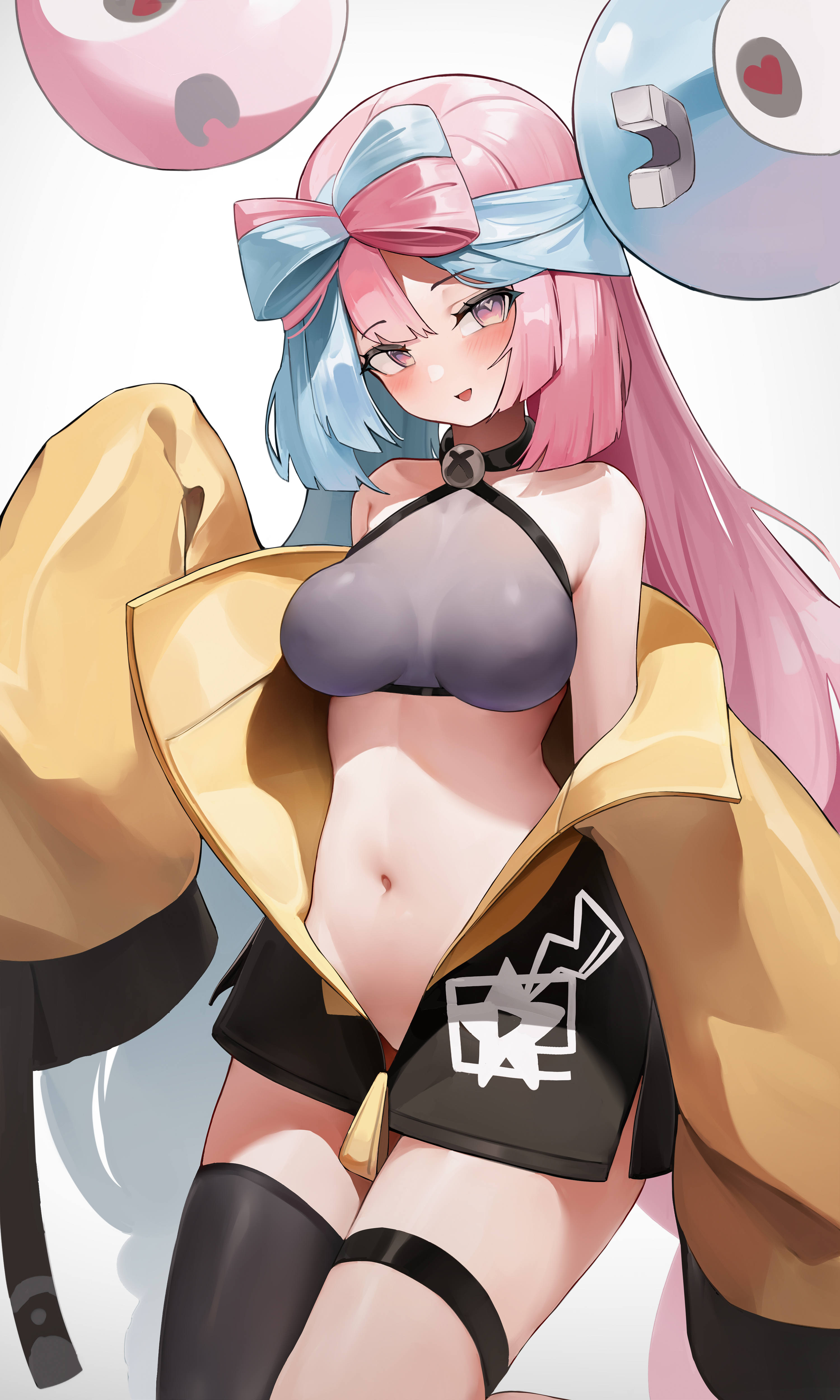 1girls, berserker r, blue hair, breasts, female, gym leader, iono (pokemon), light skin, light-skinned female, long hair, long sleeves, medium breasts, midriff, nintendo, pink eyes, pink hair, pokemon, pokemon sv, tank top, two-tone hair