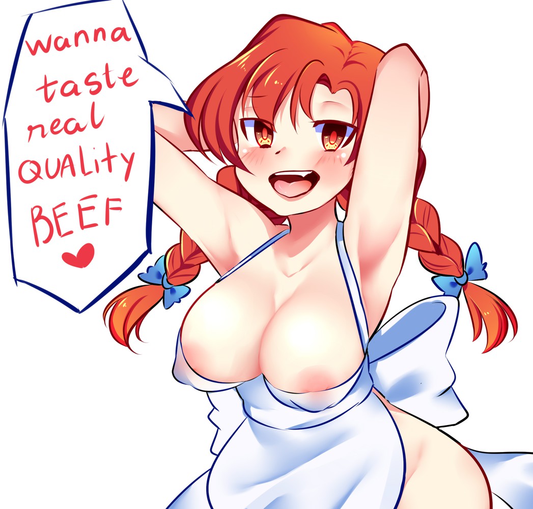 apron armpits arms_behind_head blush braid breasts cleavage covered_breasts curvaceous dialog english english_text erect_nipples erect_nipples_under_clothes female female_only heart high_resolution hips human large_breasts legs light-skinned light-skinned_female long_hair looking_at_viewer mascot meme naked_apron nipples o0lucia0o open_mouth red_eyes red_hair sexy_armpits simple_background smug solo speech_bubble spoken_heart text thighs tied_hair tongue twintails waist_apron wendy's wendy_thomas white_apron white_background yellow_eyes