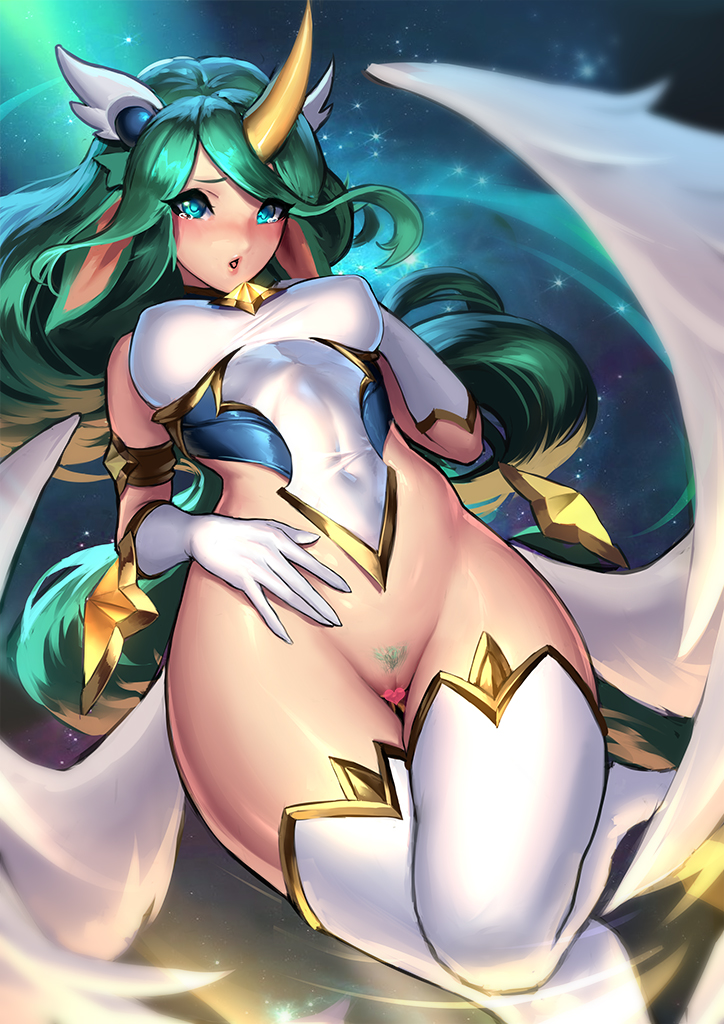 animal ears, breasts, celestial (league of legends), censored, cianyo, cleavage, female, female only, green eyes, green hair, horn, league of legends, looking at viewer, pubic hair, pussy, smooth skin, solo, soraka, star guardian series, star guardian soraka, thighhighs