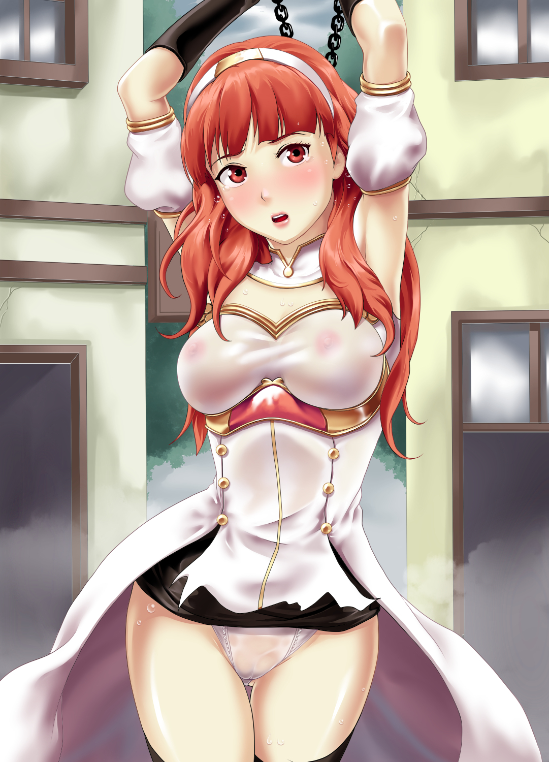 10s, 2017, arms above head, arms up, blush, bondage, bound, bra, breasts, breasts out, bsdm, celica (fire emblem), censored, deep rising, female, femsub, fire emblem, fire emblem echoes: shadows of valentia, fire emblem gaiden, forced exposure, fully clothed, medium breasts, mosaic censoring, nintendo, nipples, nipples visible through clothing, outdoors, panties, red eyes, red hair, see-through, see-through top, shiny, shiny hair, shiny skin, short hair, torn clothes