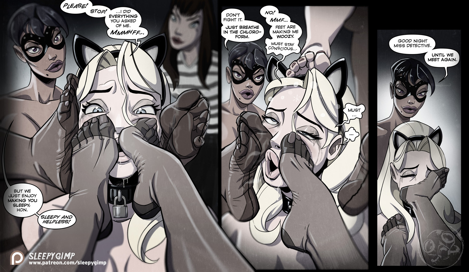 !, 4girls, barefoot, beauty mark, big lips, black hair, blonde hair, breasts, cat ears, chloroform, collar, comic, dark skin, dark-skinned female, dazed, dialogue, domination, domino mask, drugged, drugs, english text, eyelashes, eyeshadow, fake animal ears, feet, female, female only, female pov, femdom, femsub, foot fetish, foot on face, hairband, half-closed eyes, highres, human, long hair, mask, mole, mole under eye, monochrome, multiple doms, multiple females, multiple girls, nancy templeton, nancy templeton in trouble again, original character, pov, rolling eyes, runny makeup, shirt, short hair, sleepygimp, smile, soles, solo focus, speech bubble, striped shirt, text, thighhighs, toes, violet white, yuri