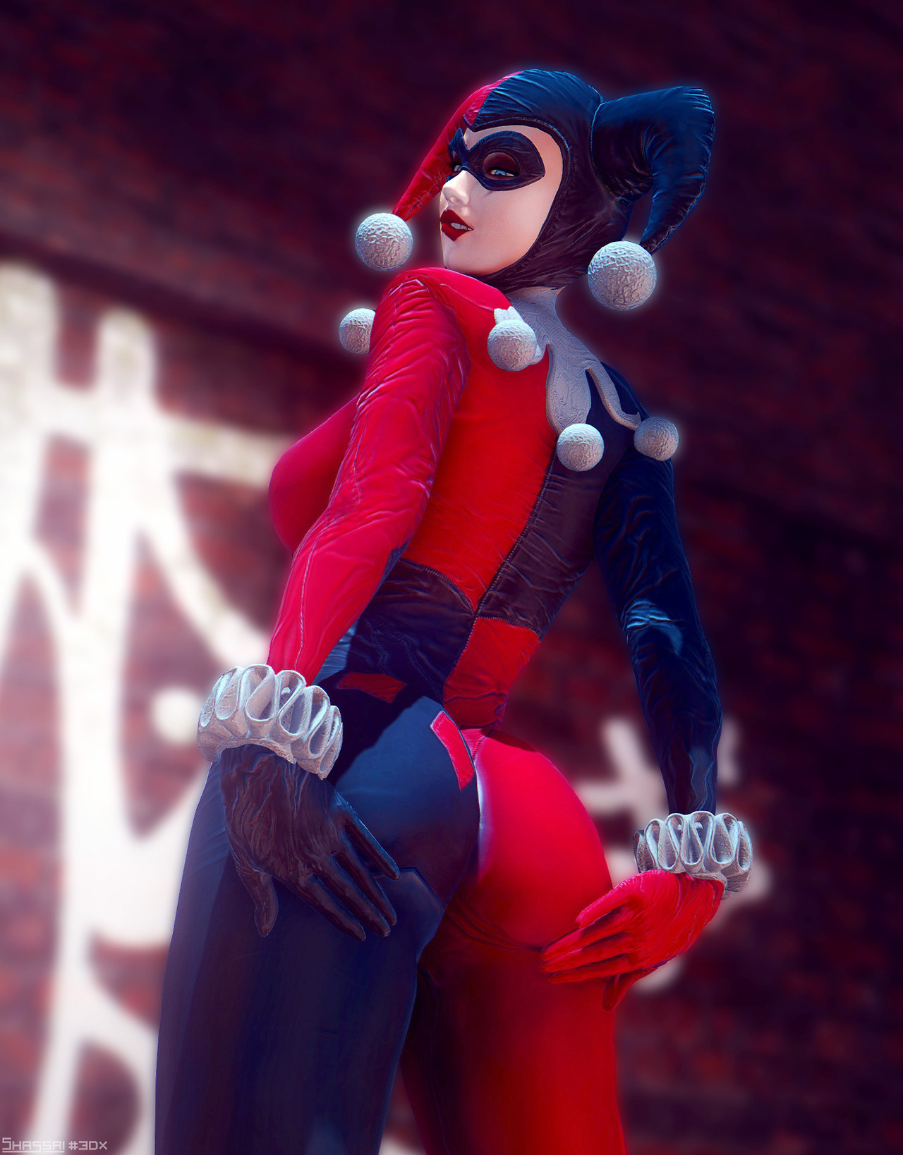 3d, ass, batman (series), batman: arkham knight, dc, dc comics, female, female only, harley quinn, harley quinn (arkham knight), harley quinn (arkham), harley quinn (classic), shassai, solo, tagme, viewed from below