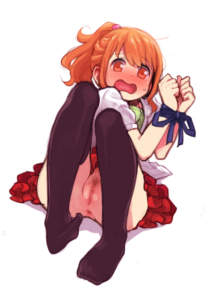 10s anus black_legwear blush bondage bound bound_wrists censored embarrassed eromanga_sensei feet female frilled_skirt frills full_body hair_bobbles hair_ornament high_ponytail jinno_megumi knees_up long_hair looking_at_viewer mosaic_censoring no_panties open_mouth orange_eyes orange_hair panties_removed ponytail pubic_hair pussy restrained ribbon shirt short_sleeves simple_background sitting skirt solo sweatdrop thighhighs ukokkei white_background