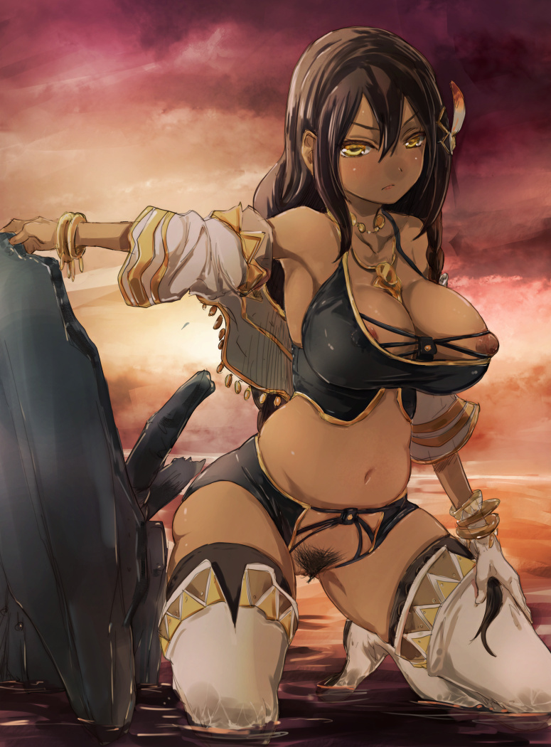 1girls areolae azur_lane bare_shoulders bracelet breasts brown_hair crotchless_panties dark-skinned_female dark_skin detached_sleeves eagle_union_(azur_lane) female gloves kneeling large_breasts long_hair looking_at_viewer midriff navel necklace nipple_slip nipples outdoors pants pubic_hair pussy shorts solo south_dakota_(azur_lane) tan tank_top thighhighs uncensored water white_gloves white_legwear yellow_eyes yohane