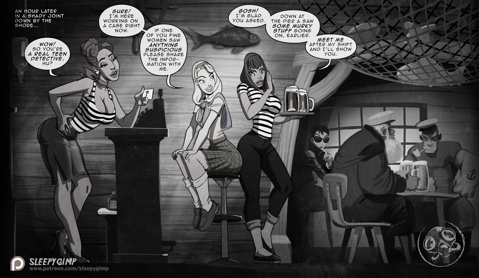 bangs, black hair, blonde hair, breasts, chloroform, cleavage, clothed, comic, dialogue, drugs, english text, female, footwear, hair bun, hairband, highres, huge breasts, human, indoors, large breasts, monochrome, multiple females, multiple girls, nancy templeton, nancy templeton in trouble again, original character, pants, plaid skirt, pleated skirt, shoes, sitting, skirt, sleepygimp, smile, socks, speech bubble, striped shirt, text, violet white