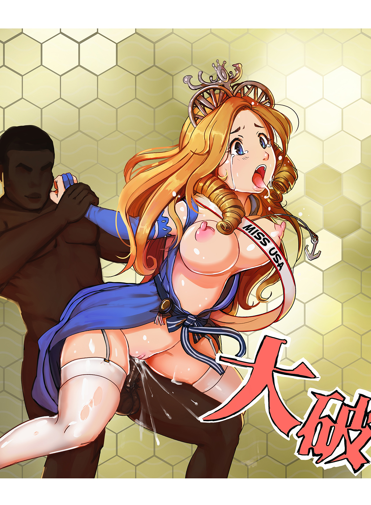 1boy, 1girls, areolae, arms behind back, blonde hair, blue eyes, breasts, breasts out, crying, crying with eyes open, dark skin, dark-skinned male, drooling, erect nipples, female, from behind, gaiidraws, garter straps, interracial, large breasts, male, nipples, no panties, open mouth, open shirt, pussy, rape, shiny skin, straight, tears, thighhighs, tongue, tongue out, torn thighhighs, vaginal penetration
