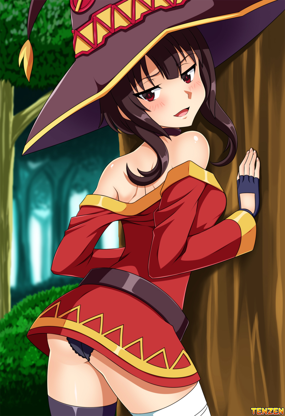black panties, female, kono subarashii sekai ni shukufuku wo!, looking at viewer, megumin, panties, solo, tenzen, upskirt