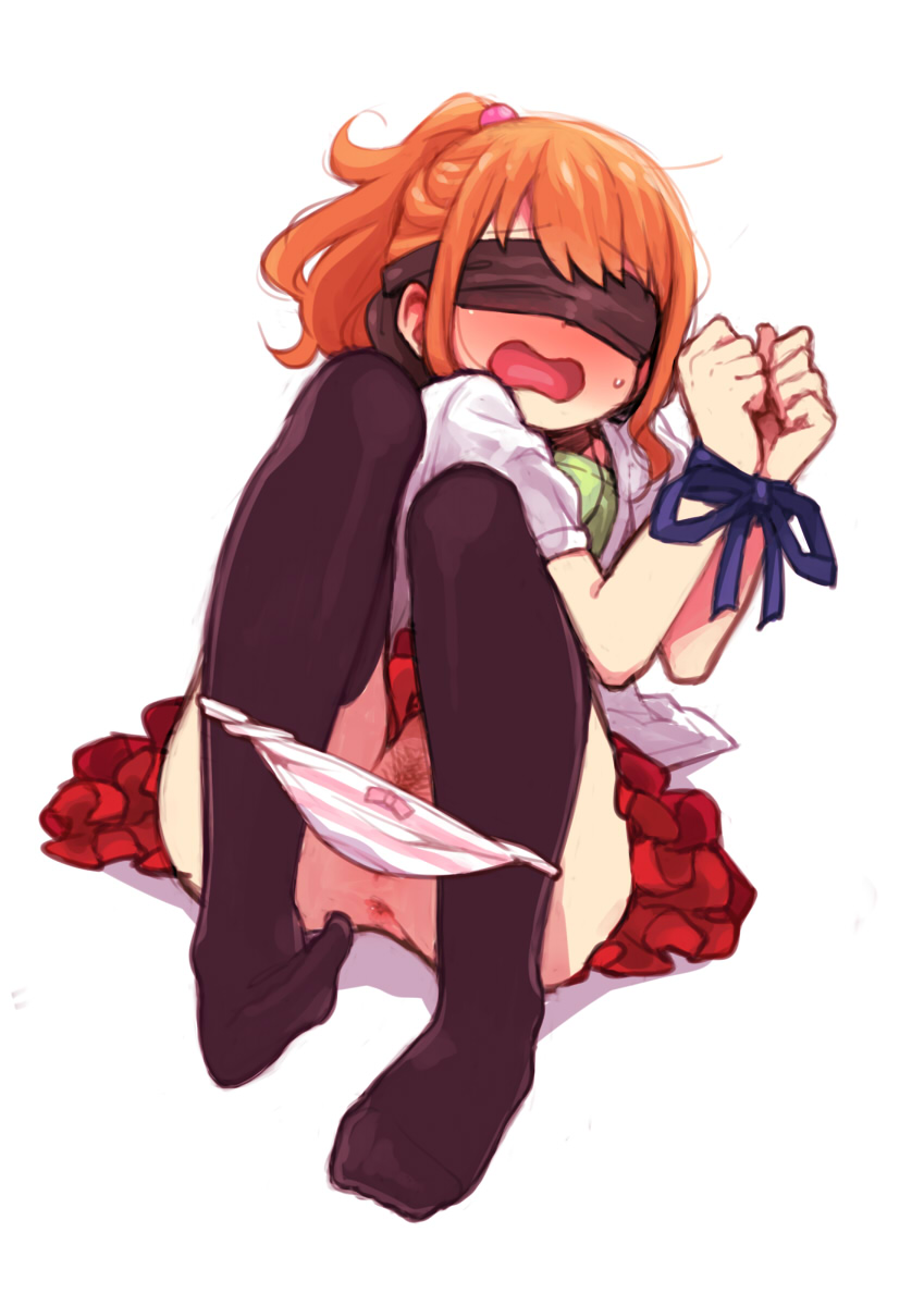 10s anus black_legwear blindfold blush bondage bondage bound bound_wrists embarrassed eromanga_sensei feet female female frilled_skirt frills full_body hair_bobbles hair_ornament high_ponytail jinno_megumi knees_up long_hair open_mouth orange_hair panties panty_pull ponytail pubic_hair restrained ribbon shirt short_sleeves simple_background sitting skirt solo striped striped_panties sweatdrop thighhighs ukokkei white_background