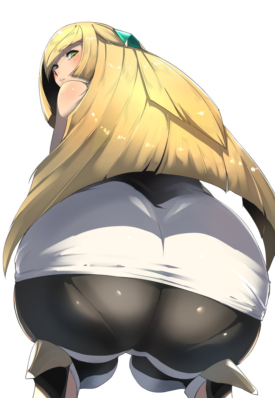 1girls, aether foundation, ass, ass focus, big ass, blonde, blonde hair, clothed, dress, female, female only, fully clothed, green eyes, high heels, huge ass, human, long hair, looking at viewer, looking back, lusamine (pokemon), milf, mother, nintendo, nuezou, pantylines, pokemon, pokemon sm, simple background, solo, solo female, squatting, white background