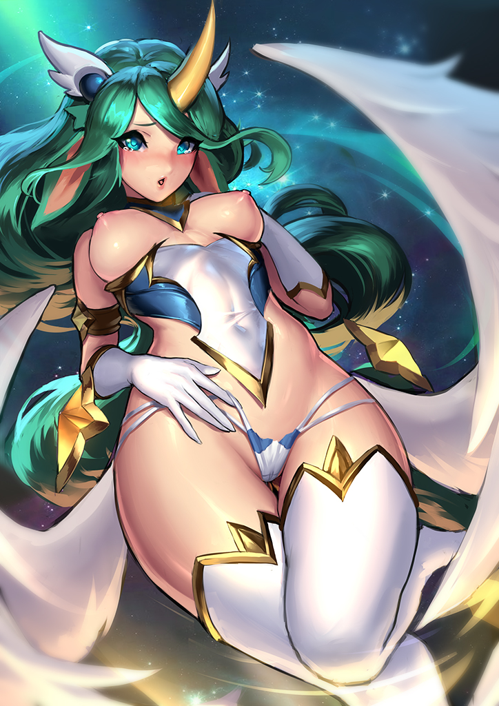 alternate costume, animal ears, areolae, breasts, cameltoe, cianyo, female, female only, green eyes, green hair, horn, league of legends, looking at viewer, nipples, panties, pussy, smooth skin, solo, soraka, star guardian, star guardian series, star guardian soraka, thighhighs