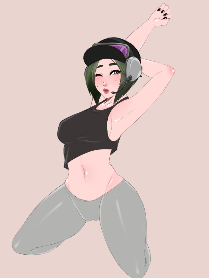 1girls, 2017, 2d, 2d (artwork), beige background, black tank top, breasts, brown eyes, cameltoe, cap, ela (rainbow six), female, female only, green hair, hat, headset, headset microphone, human, kneeling, law-zilla, looking at viewer, low pants, no underwear, on knees, one eye closed, pussy, rainbow six, rainbow six siege, short hair, sideboob, simple background, solo, source request, stretching, stretching arms, tank top, tight pants, tom clancy, wink, yoga pants