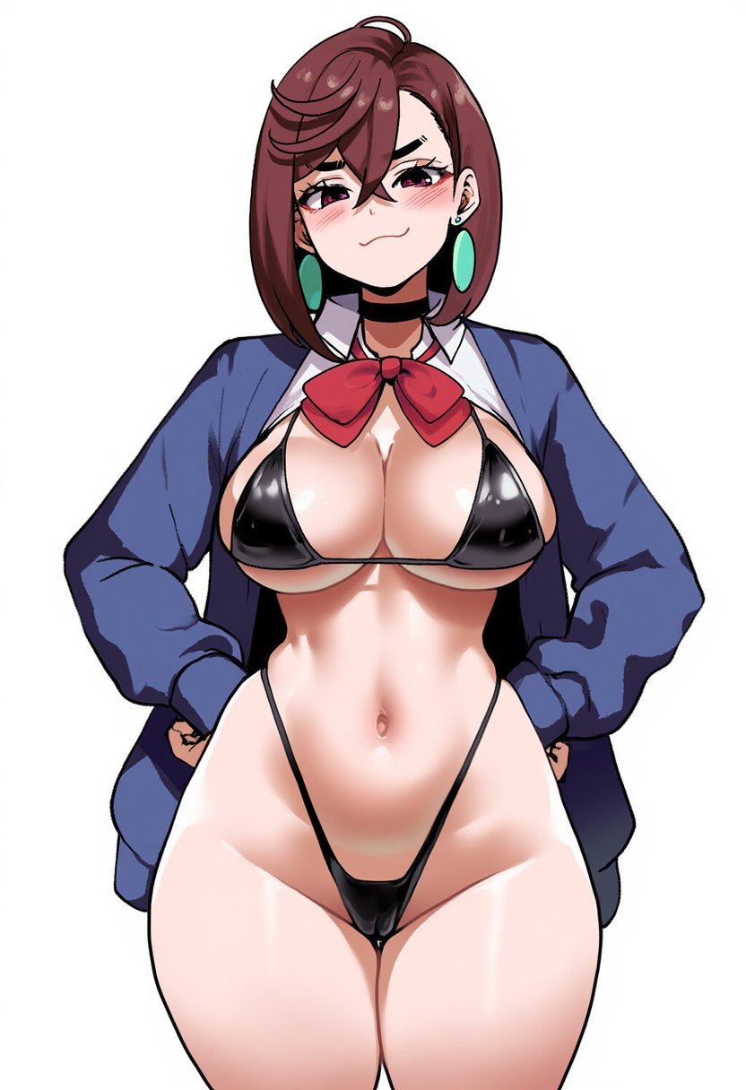 1girls, ai generated, ayase momo, bare legs, bare thighs, big breasts, blush, bra, breasts, brown hair, clothed, clothing, color, dandadan, female, female focus, female only, goddesscynthia, hi res, large breasts, light skin, light-skinned female, looking at viewer, panties, short hair, solo, solo female, thick thighs, underwear