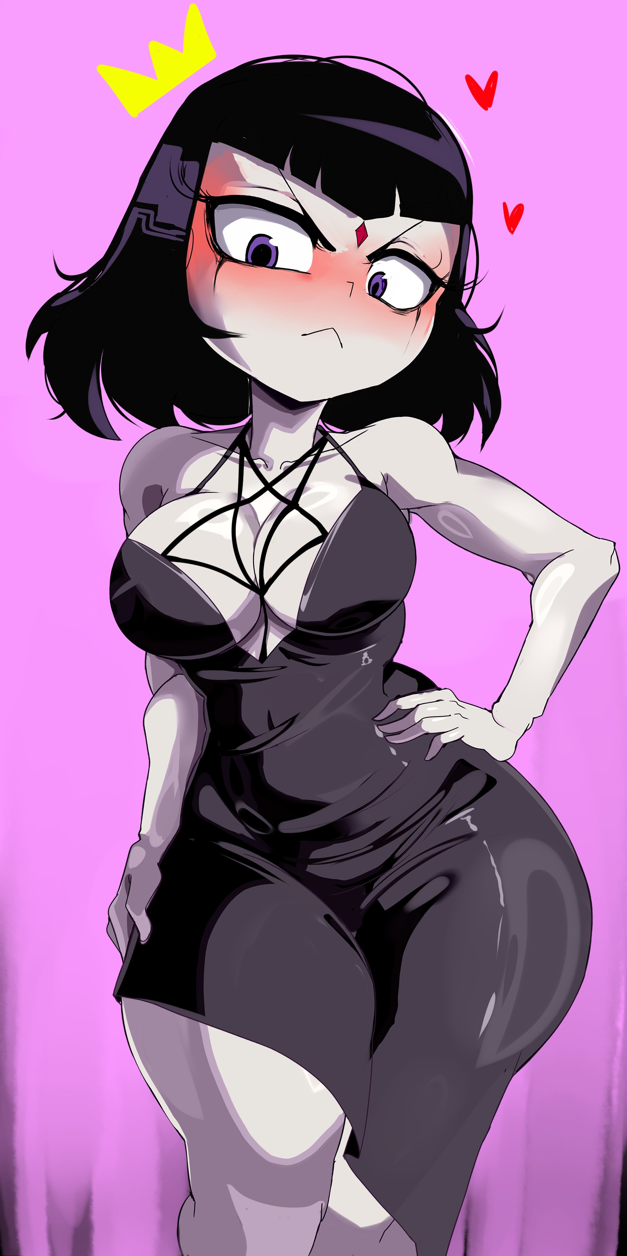 1girls, black dress, black hair, blush, blushing at viewer, breasts, clothed, clothed female, dc, dc comics, dress, female, female focus, female only, grey skin, hand on hip, looking at viewer, purple eyes, raven (dc), raven (teen titans go!), raven (teen titans), roger (artist), short hair, teen titans, teen titans go, thick thighs, thighs