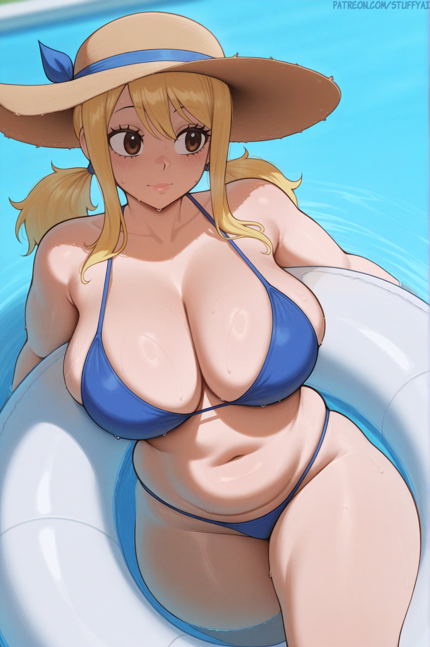 1girls, ai generated, ass, blonde hair, blonde-haired female, breasts, fairy tail, feet, female, huge ass, huge breasts, light skin, light-skinned female, long hair, lucy heartfilia, stuffyai, thick thighs, water